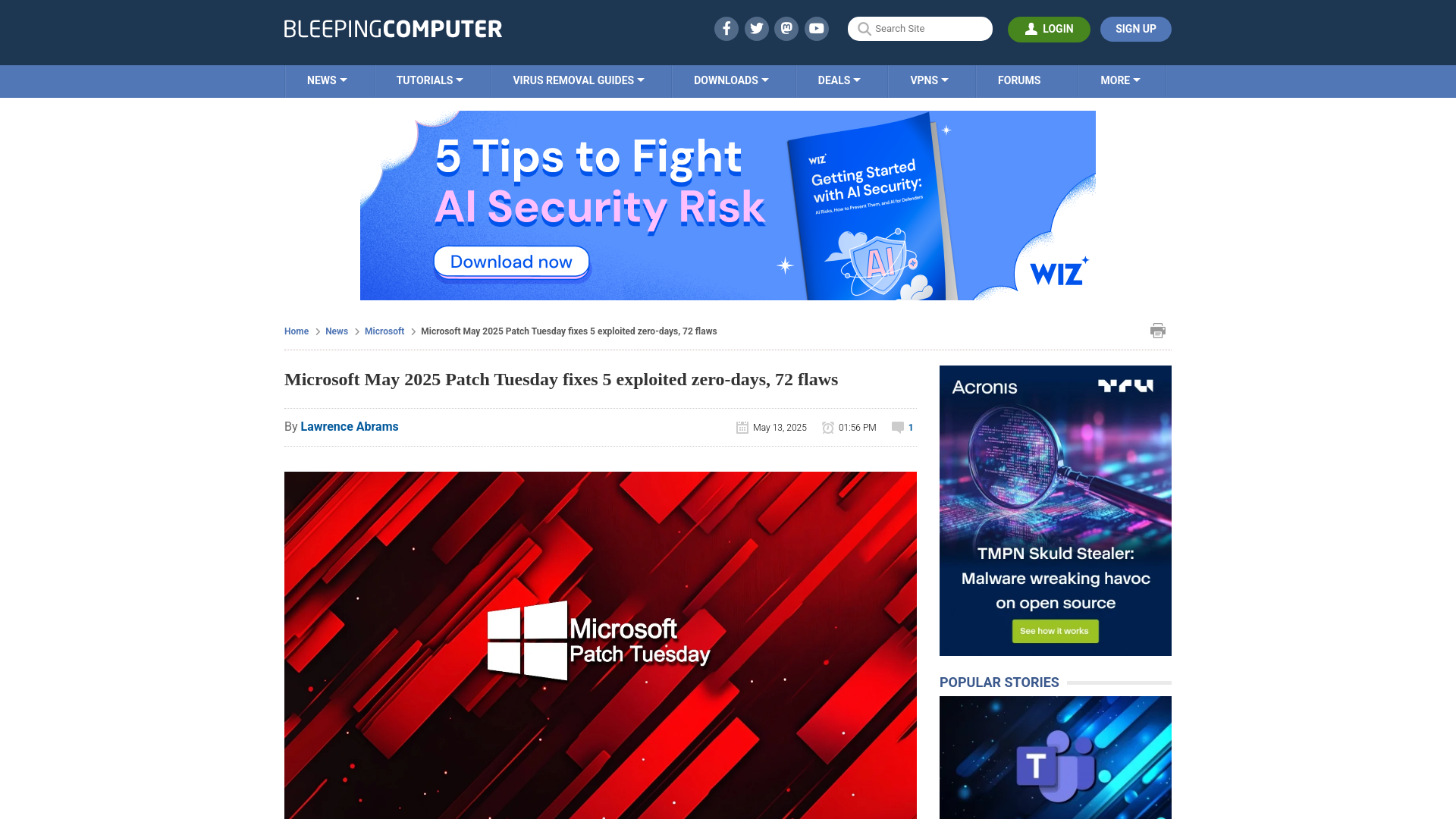 Microsoft May 2025 Patch Tuesday fixes 5 exploited zero-days, 72 flaws