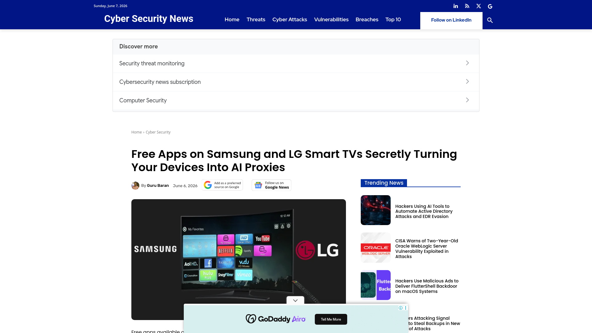 Free Apps on Samsung and LG Smart TVs Secretly Turning Your Devices Into AI Proxies