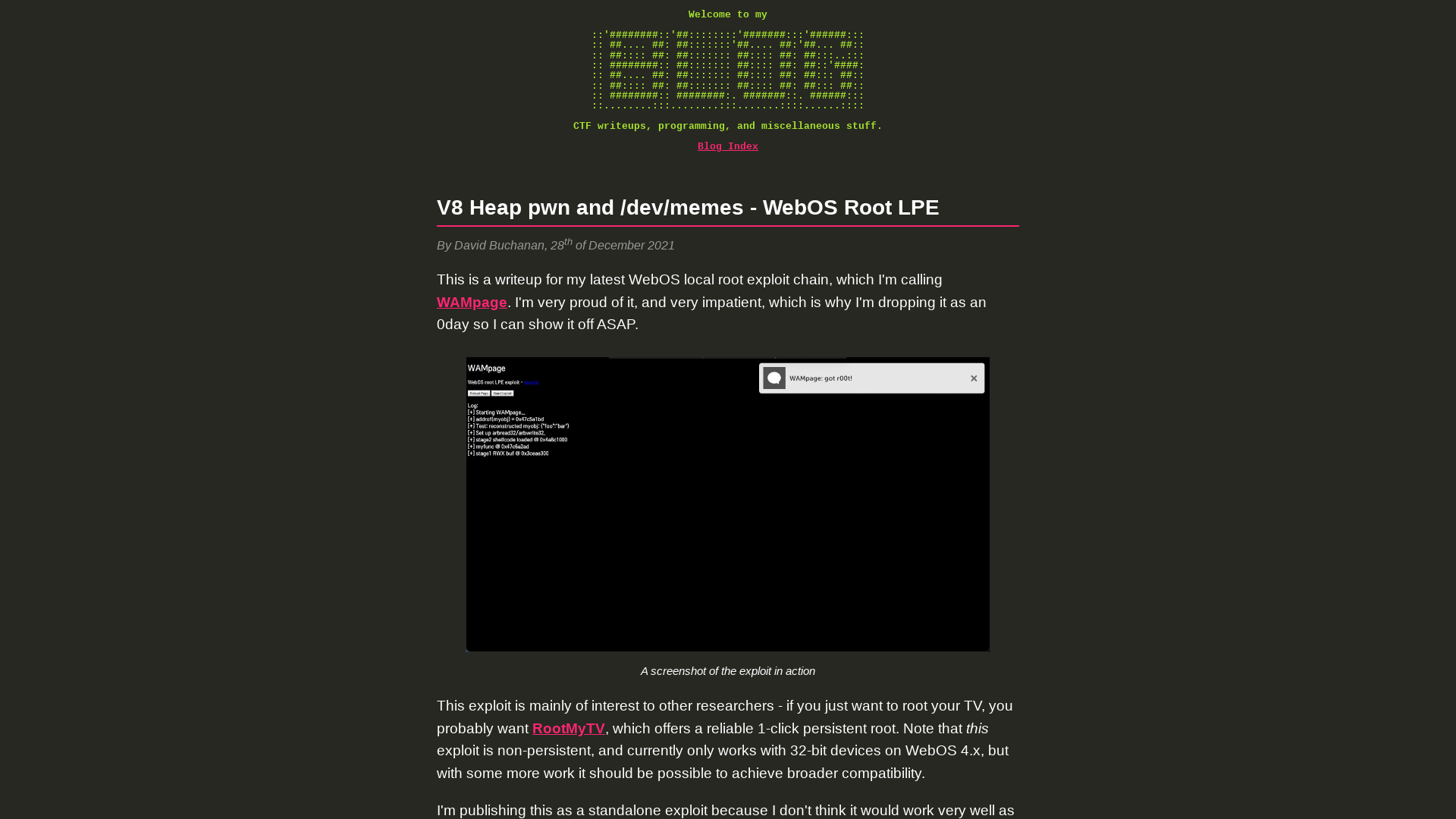 V8 Heap pwn and /dev/memes - WebOS Root LPE | Blog