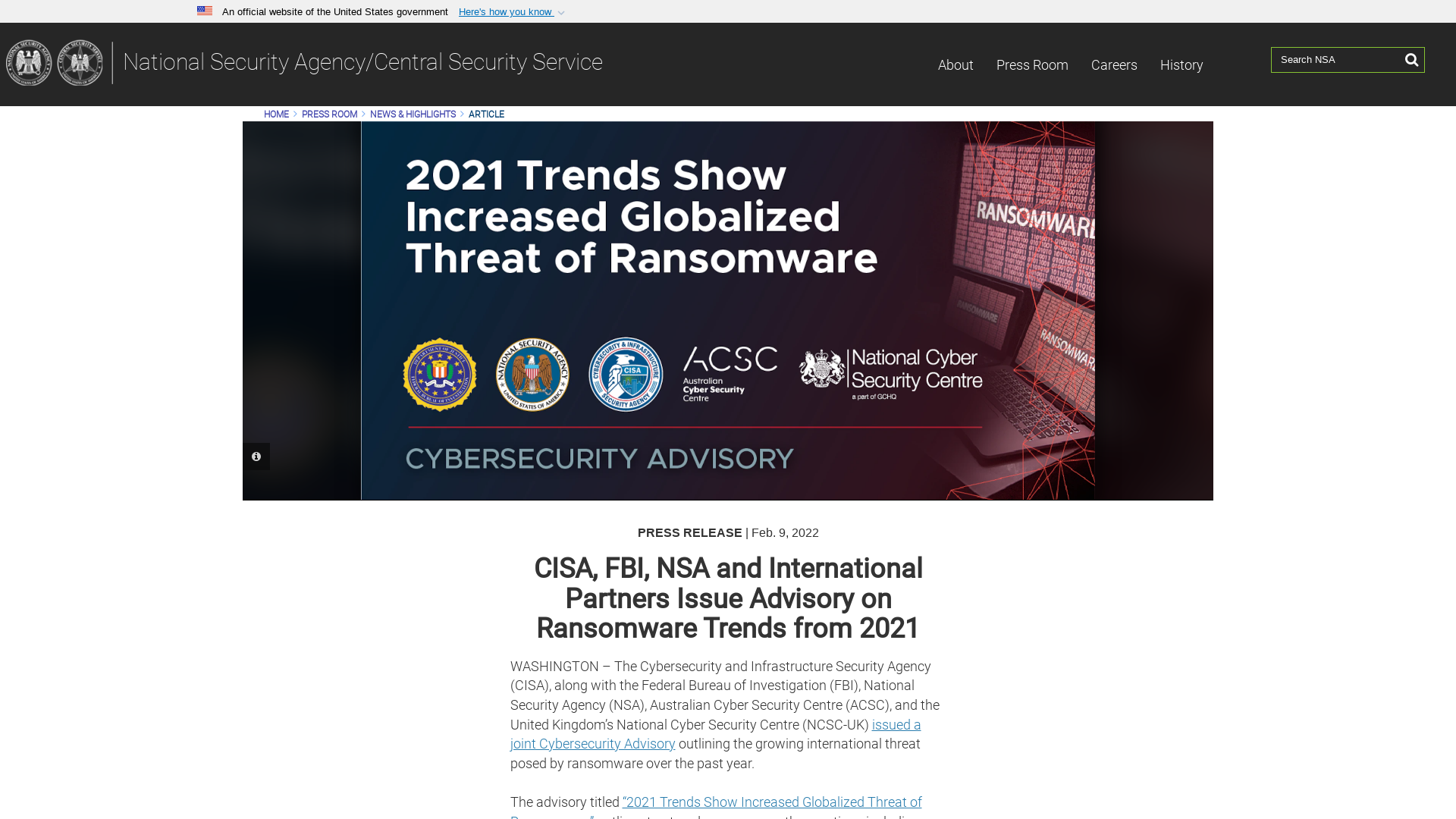 CISA, FBI, NSA and International Partners Issue Advisory on Ransomware Trends from 2021 > National Security Agency/Central Security Service > Article