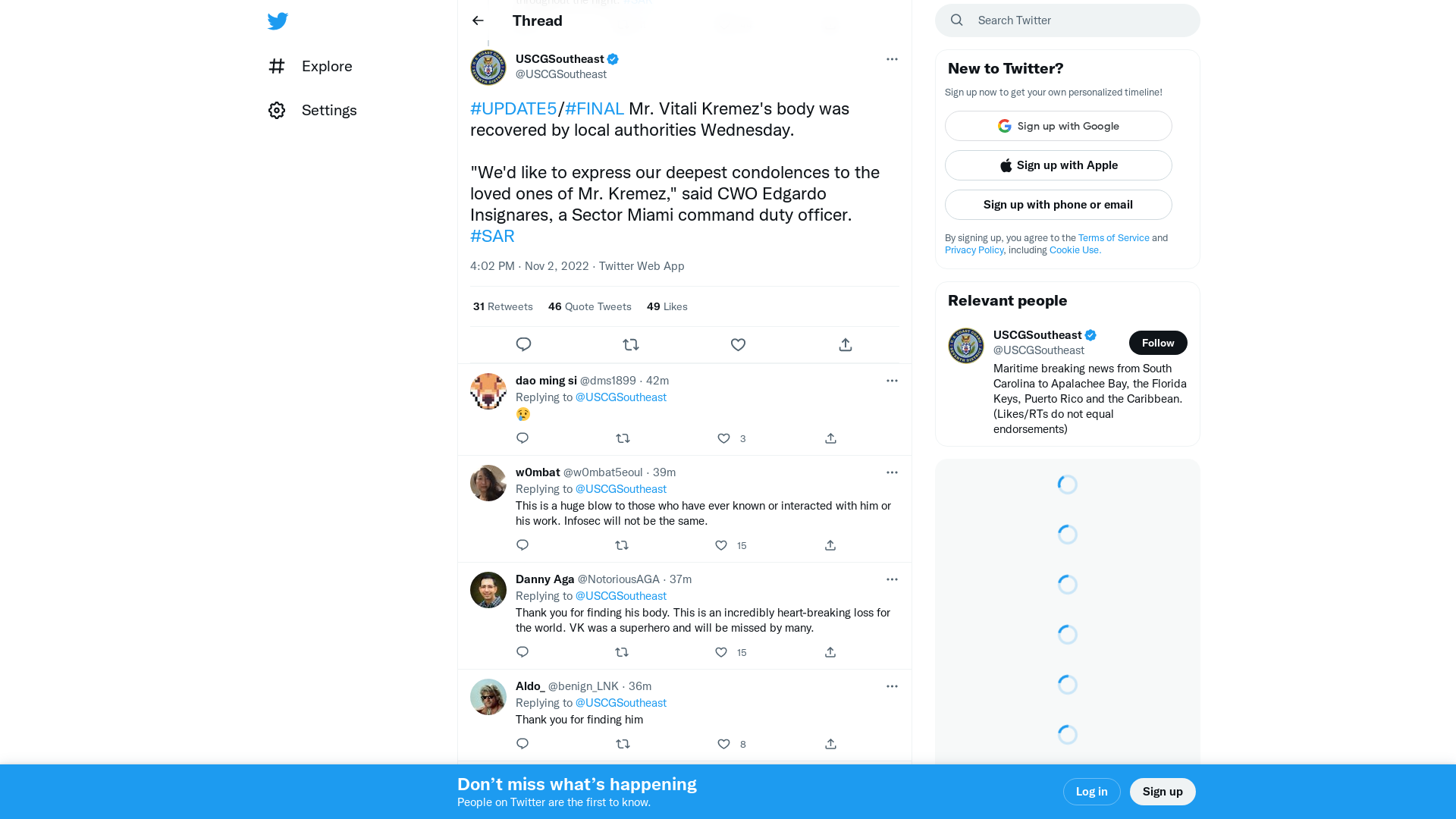 USCGSoutheast on Twitter: "#UPDATE5/#FINAL Mr. Vitali Kremez's body was recovered by local authorities Wednesday. "We'd like to express our deepest condolences to the loved ones of Mr. Kremez," said CWO Edgardo Insignares, a Sector Miami command duty officer. #SAR" / Twitter