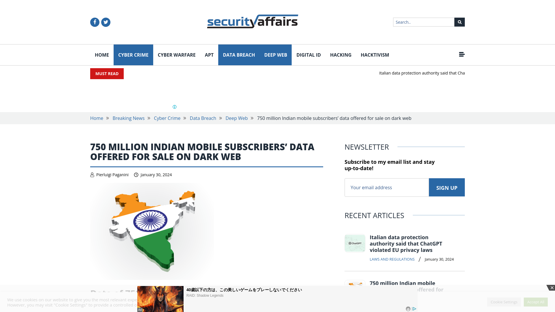 750M Indian mobile subscribers' data offered for sale on dark web