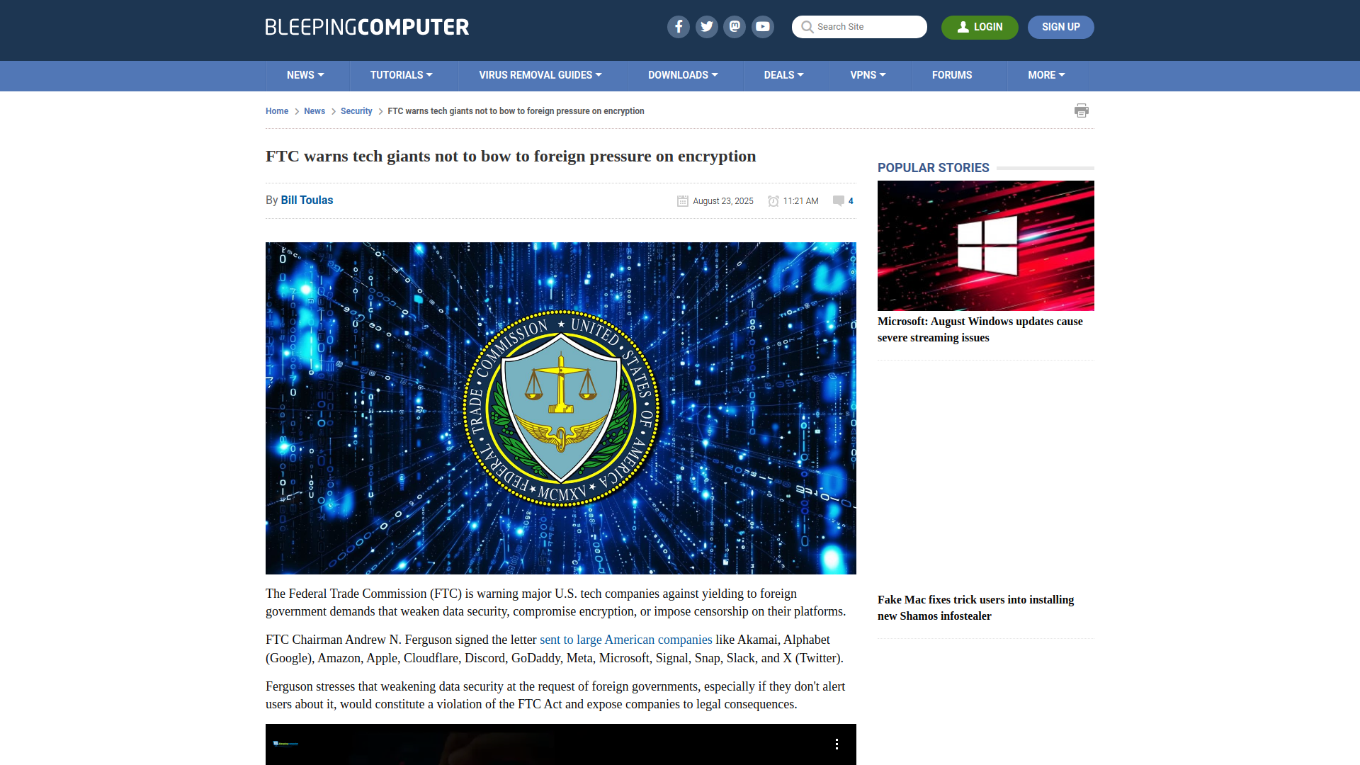 FTC warns tech giants not to bow to foreign pressure on encryption