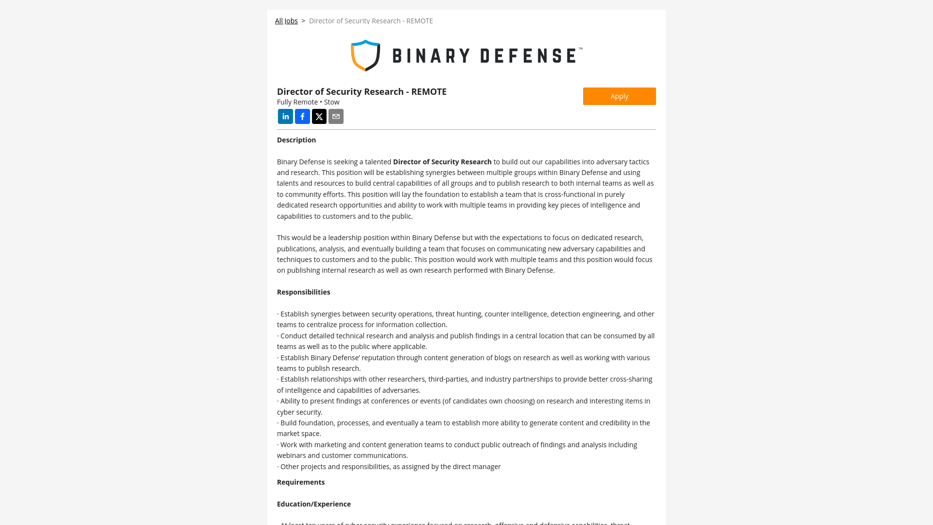 Binary Defense - Director of Security Research - REMOTE