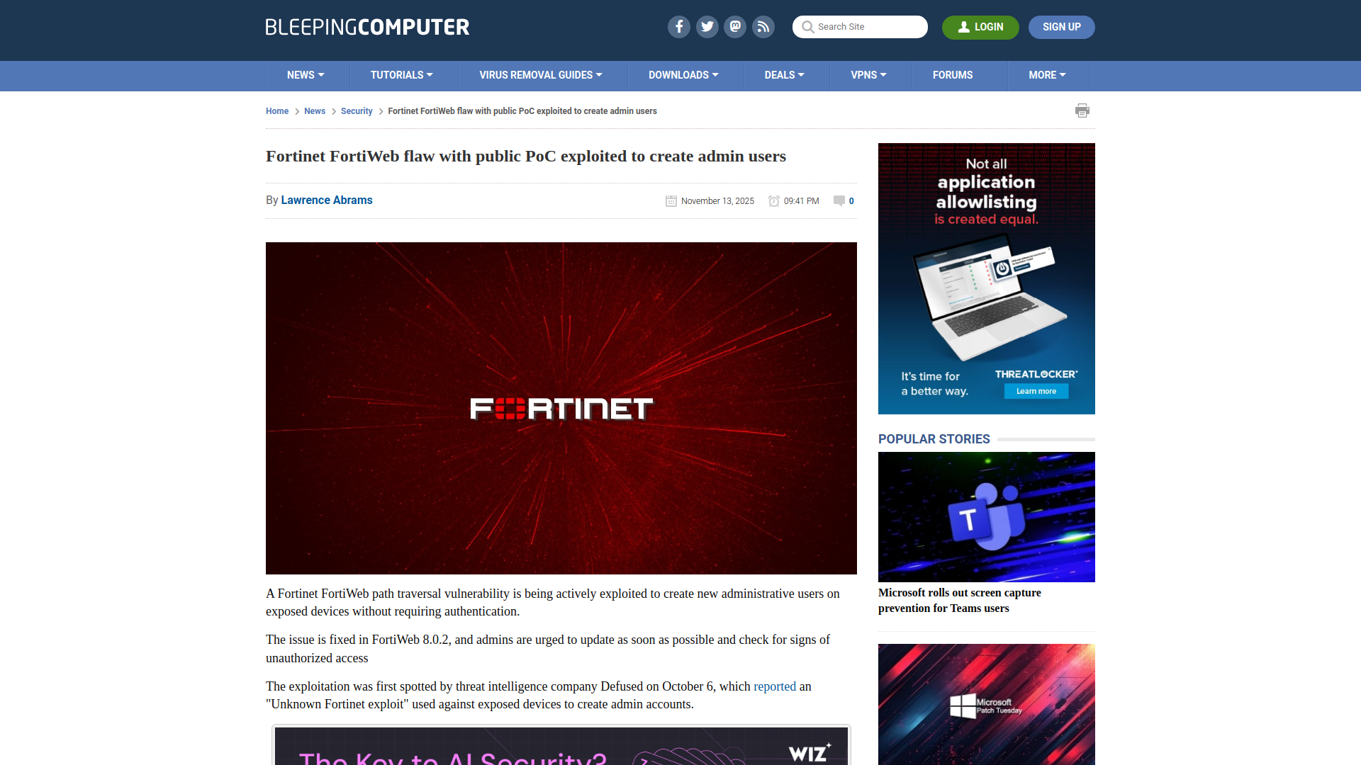 Fortinet FortiWeb flaw with public PoC exploited to create admin users