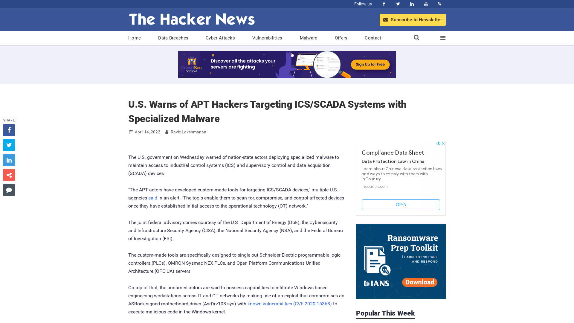 U.S. Warns of APT Hackers Targeting ICS/SCADA Systems with Specialized Malware