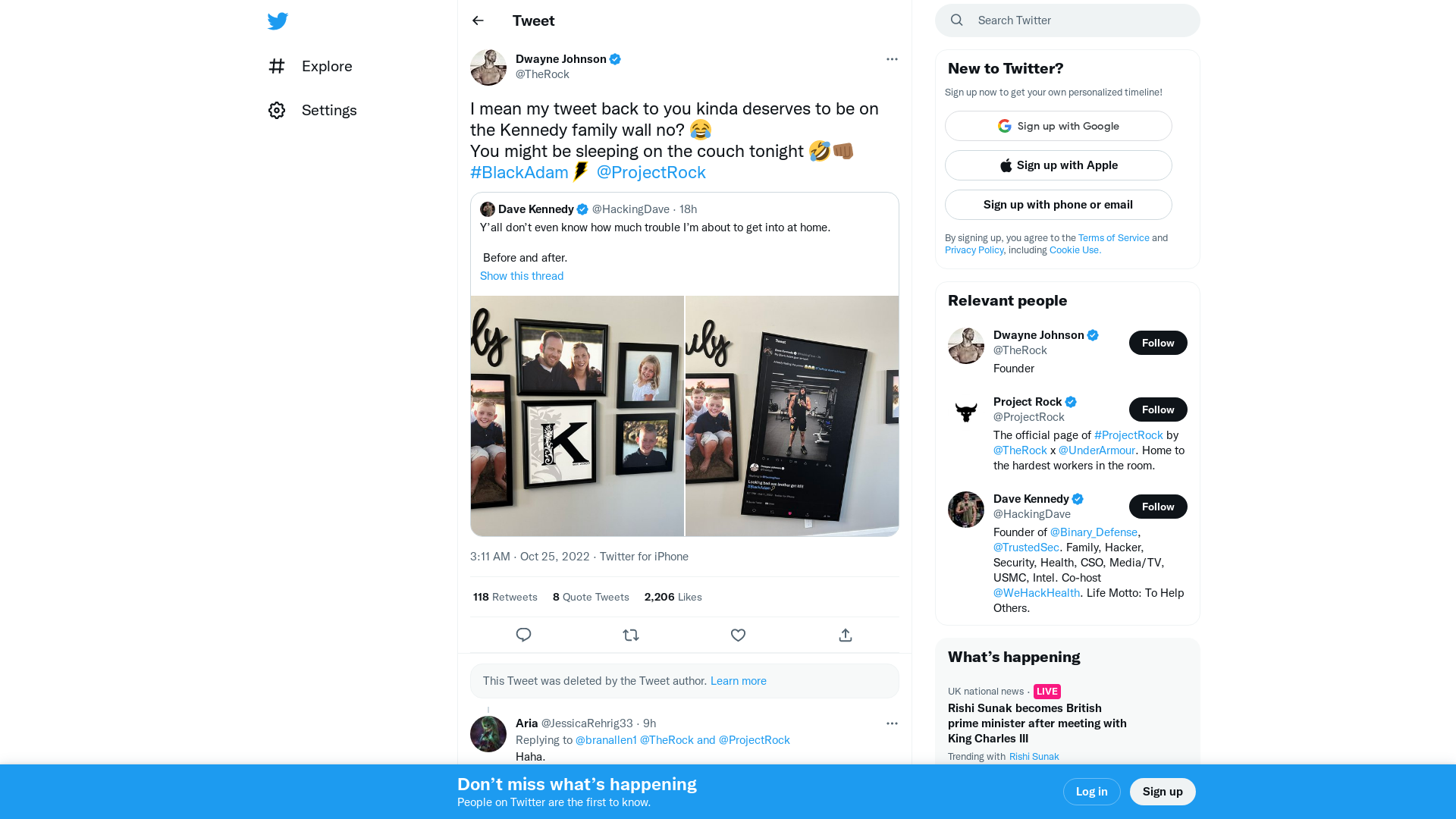 Dwayne Johnson on Twitter: "I mean my tweet back to you kinda deserves to be on the Kennedy family wall no? 😂 You might be sleeping on the couch tonight 🤣👊🏾 #BlackAdam @ProjectRock" / Twitter