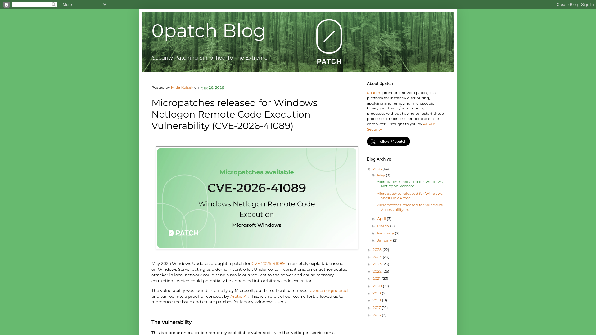 0patch Blog: Micropatches released for Windows Netlogon Remote Code Execution Vulnerability (CVE-2026-41089)