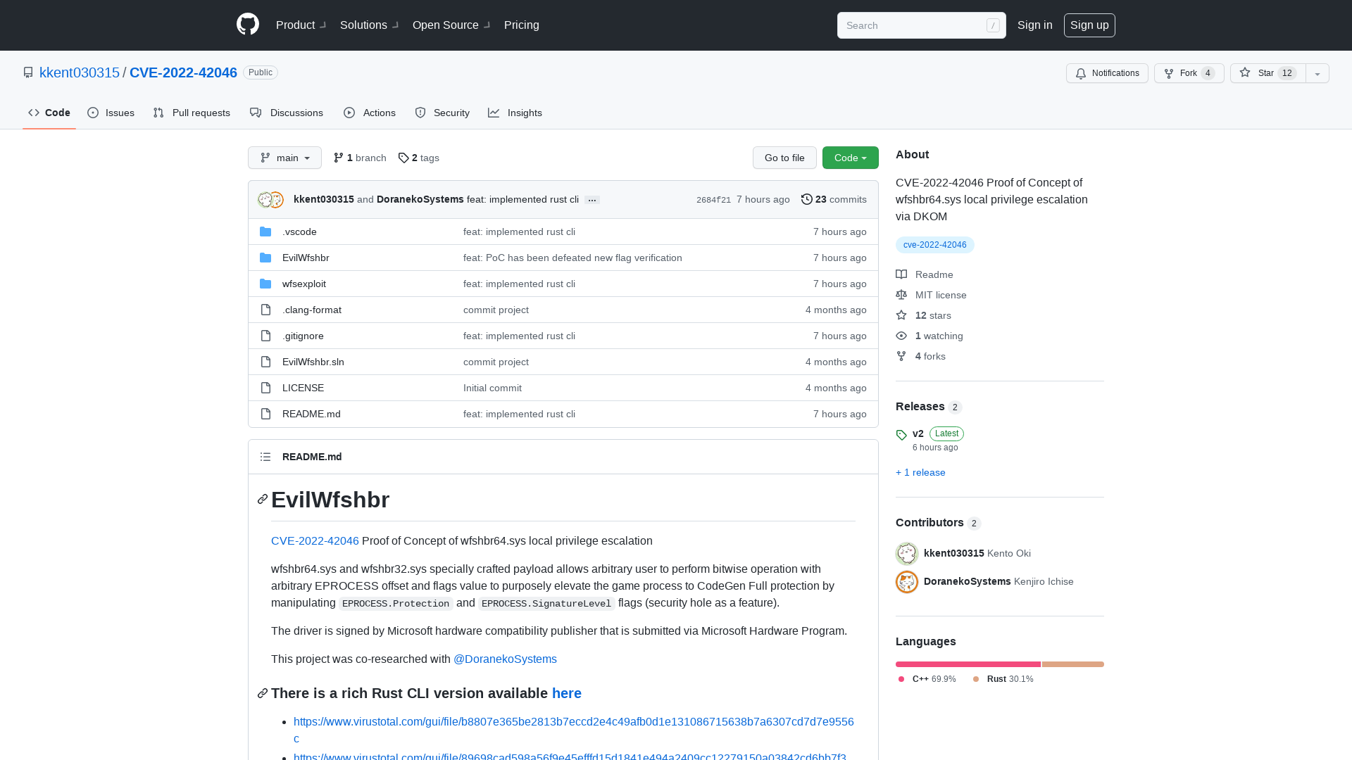 GitHub - kkent030315/CVE-2022-42046: CVE-2022-42046 Proof of Concept of wfshbr64.sys local privilege escalation via DKOM