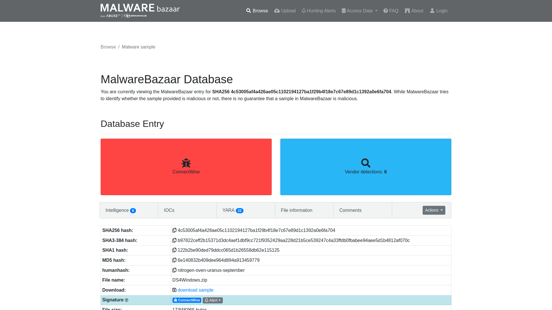 MalwareBazaar | SHA256 4c53005af4a426ae05c1102194127ba1f29b4f18e7c67e89d1c1392a0e6fa704 (ConnectWise)