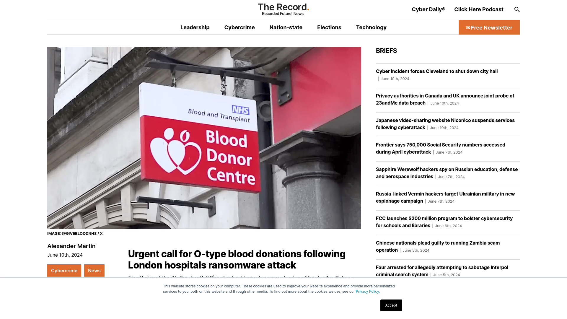 Urgent call for O-type blood donations following London hospitals ransomware attack