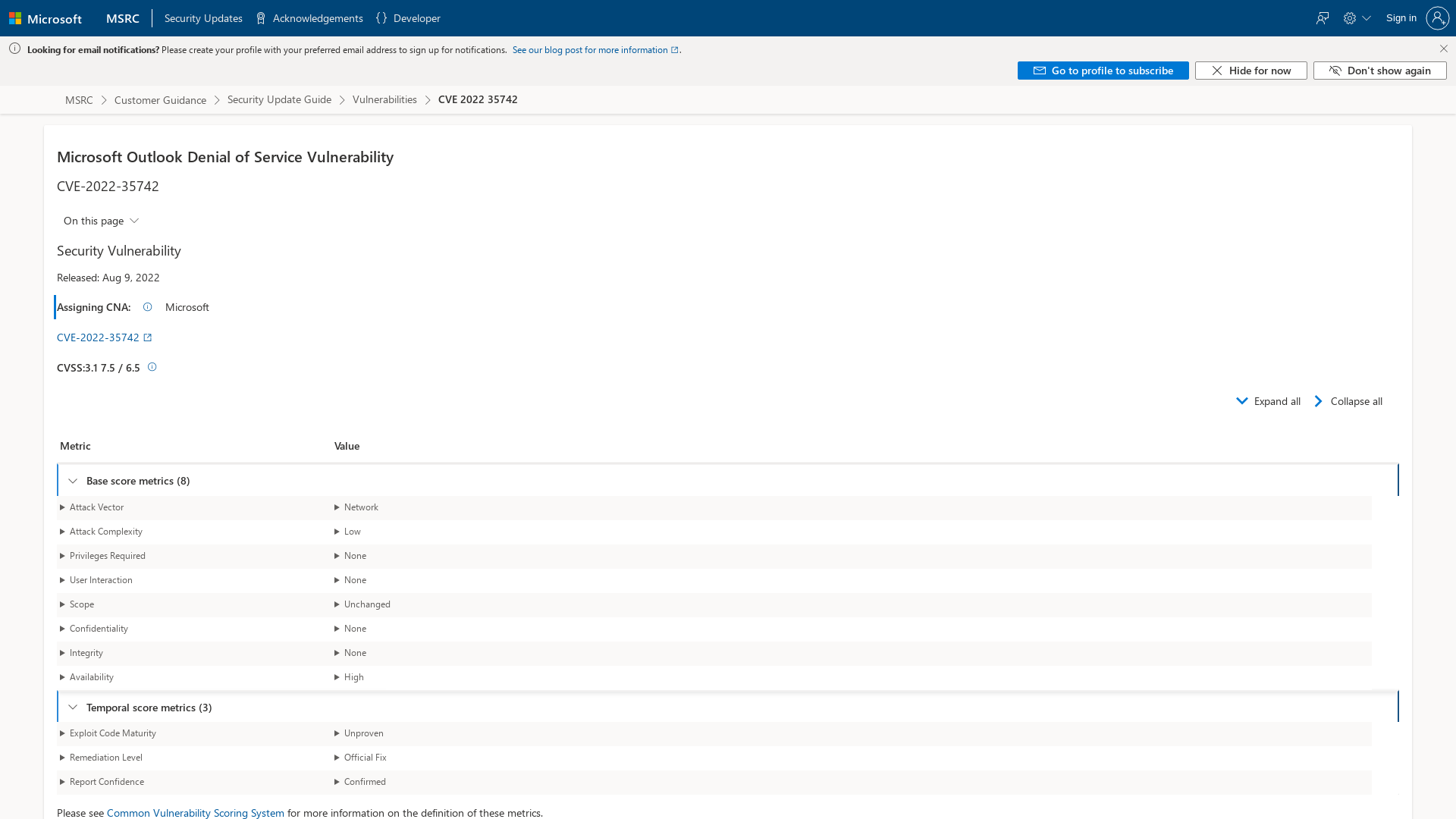 CVE-2022-35742 - Security Update Guide - Microsoft - Microsoft Outlook Denial of Service Vulnerability