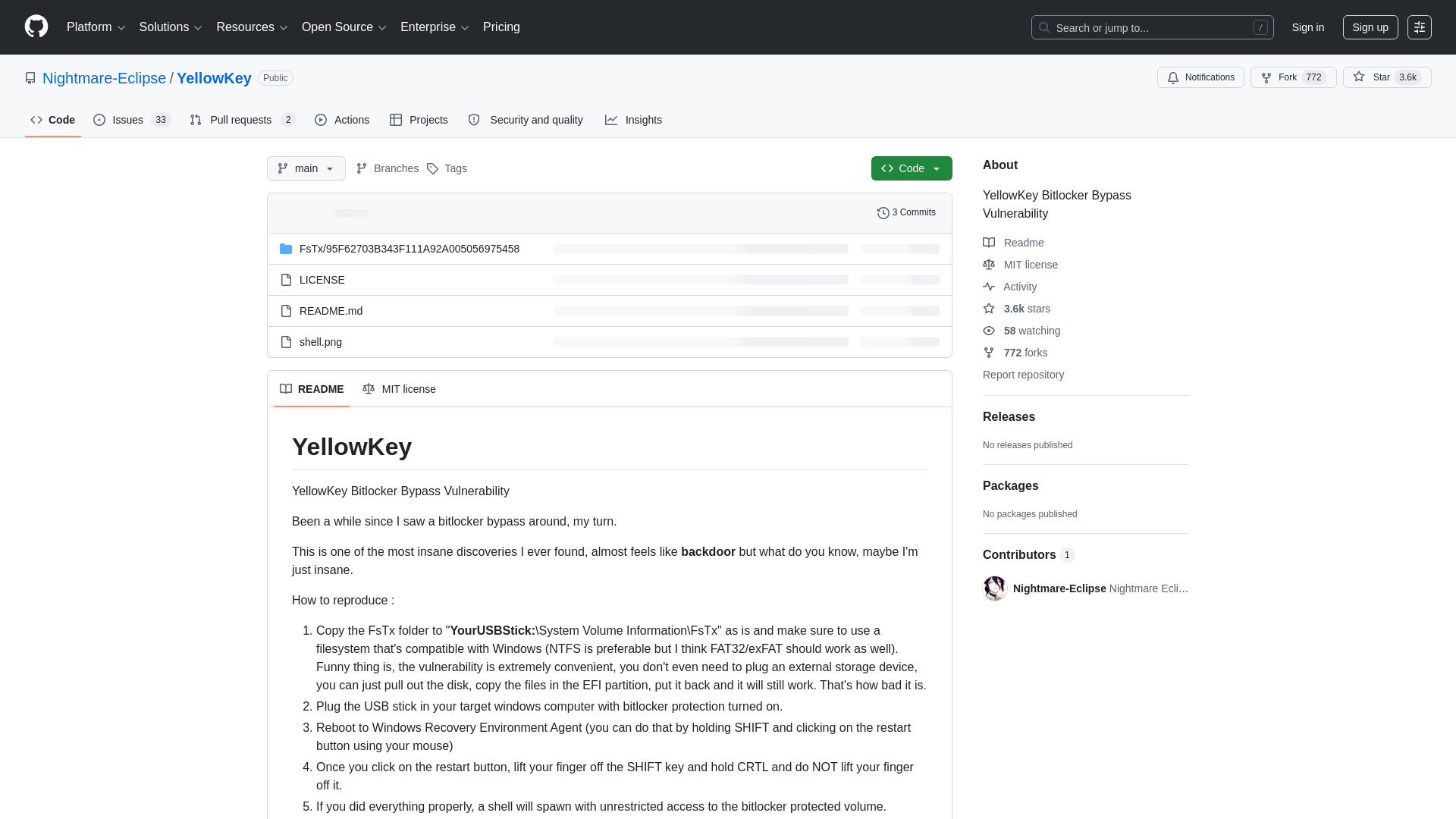 GitHub - Nightmare-Eclipse/YellowKey: YellowKey Bitlocker Bypass Vulnerability · GitHub