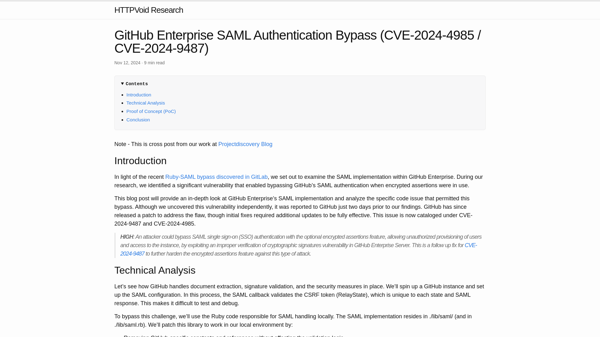 GitHub Enterprise SAML Authentication Bypass (CVE-2024-4985 / CVE-2024-9487) | HTTPVoid Research