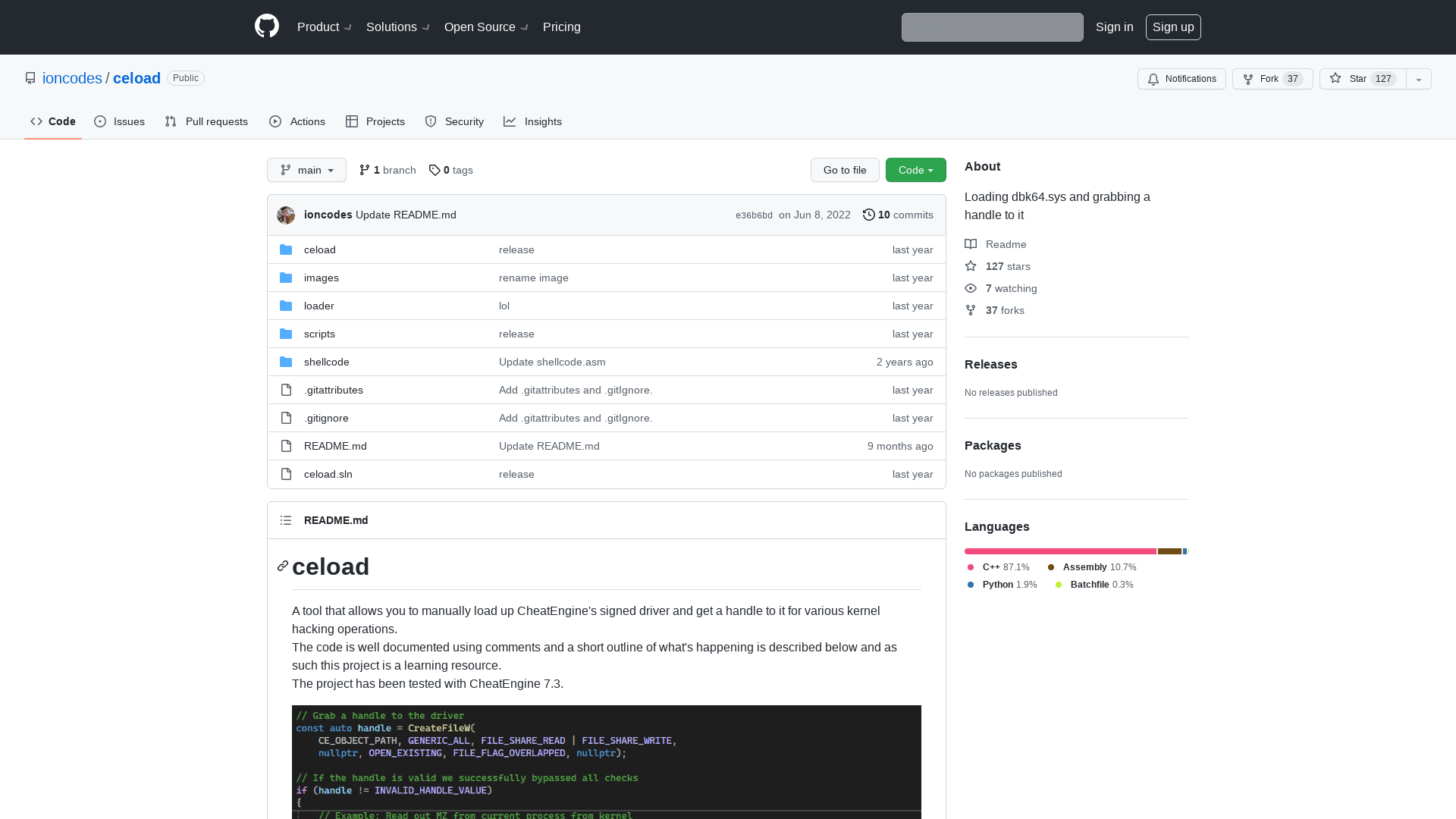 GitHub - ioncodes/ceload: Loading dbk64.sys and grabbing a handle to it
