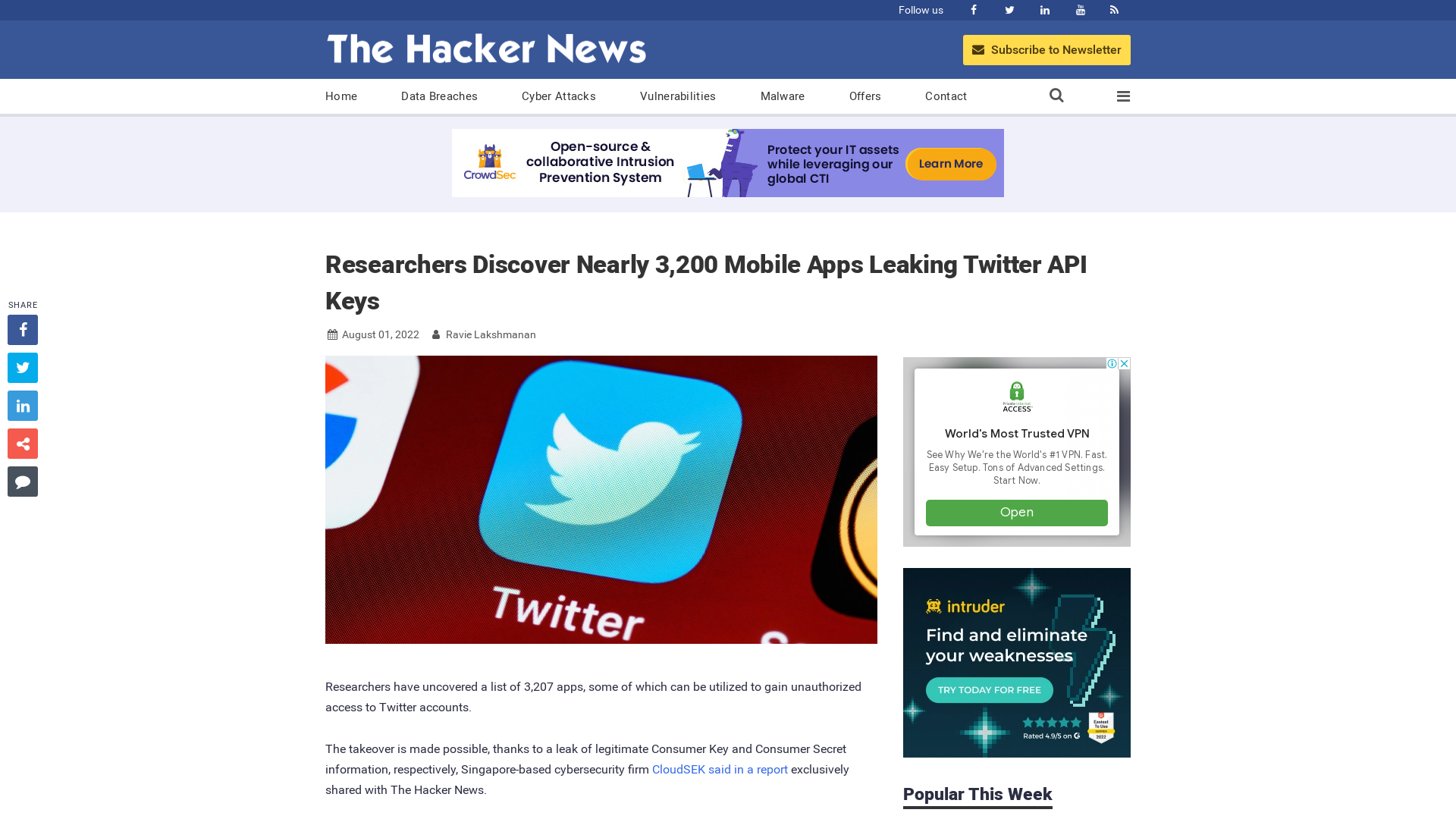 Researchers Discover Nearly 3,200 Mobile Apps Leaking Twitter API Keys