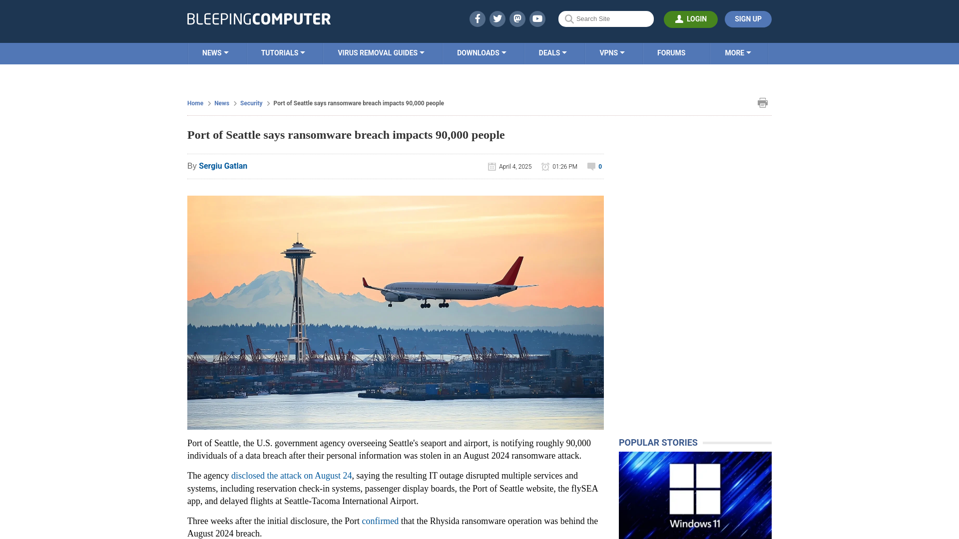 Port of Seattle says ransomware breach impacts 90,000 people
