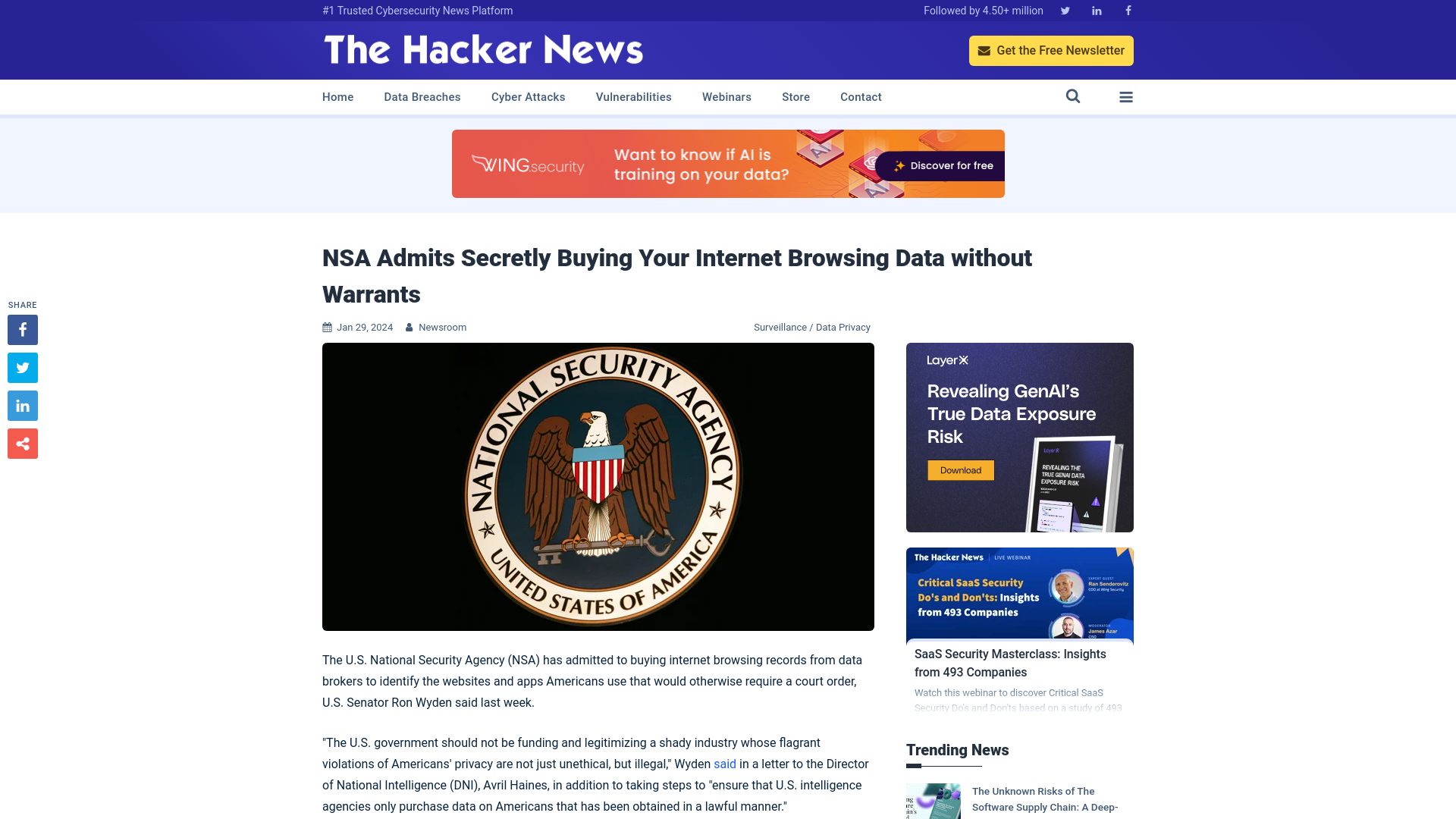 NSA Admits Secretly Buying Your Internet Browsing Data without Warrants