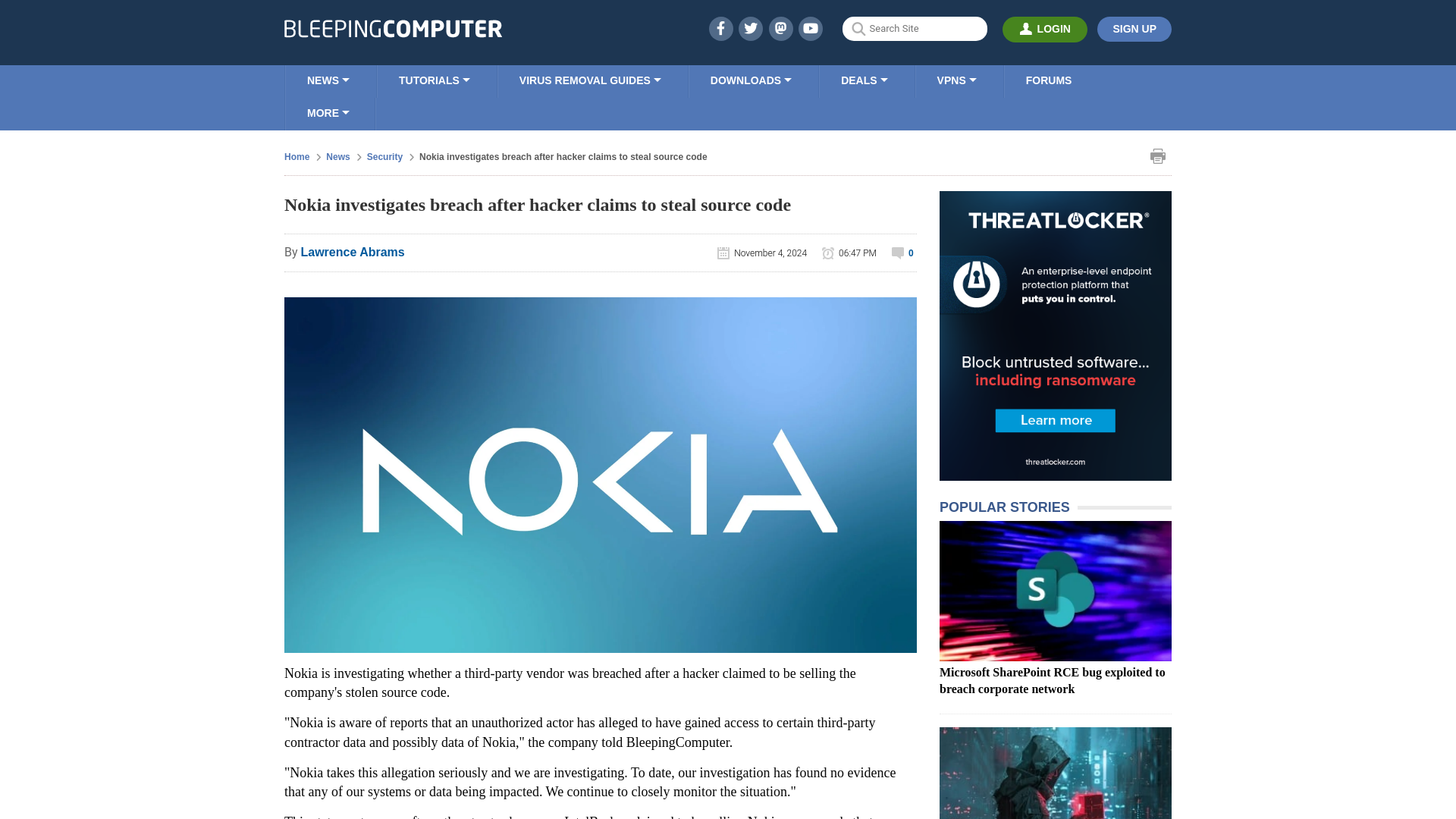 Nokia investigates breach after hacker claims to steal source code