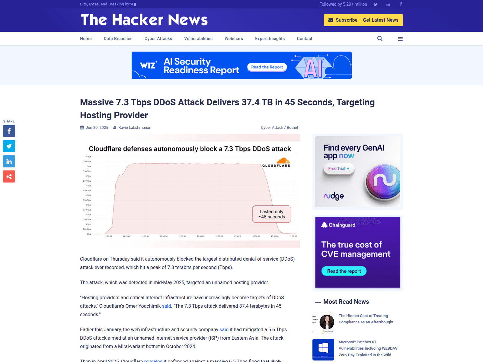 Massive 7.3 Tbps DDoS Attack Delivers 37.4 TB in 45 Seconds, Targeting Hosting Provider