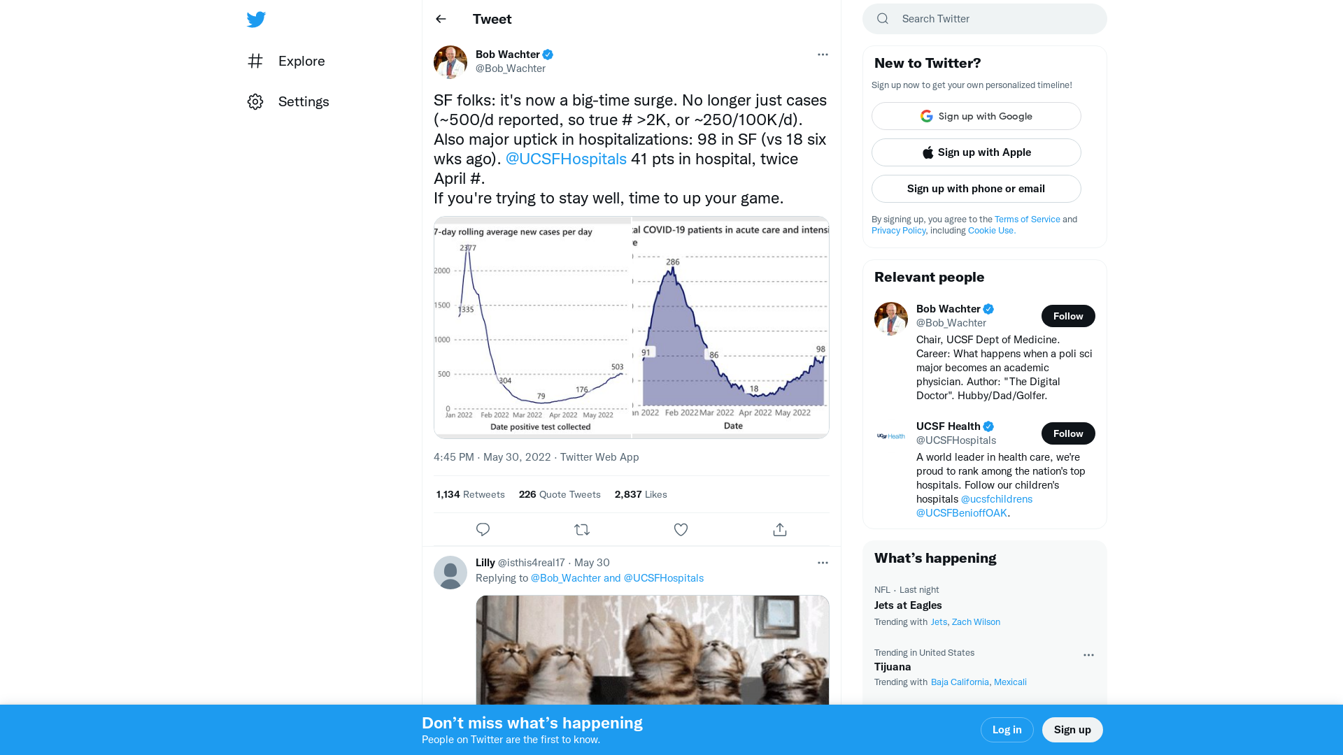 Bob Wachter on Twitter: "SF folks: it's now a big-time surge. No longer just cases (~500/d reported, so true # >2K, or ~250/100K/d). Also major uptick in hospitalizations: 98 in SF (vs 18 six wks ago). @UCSFHospitals 41 pts in hospital, twice April #. If you're trying to stay well, time to up your game. https://t.co/VNmhHal5EL" / Twitter