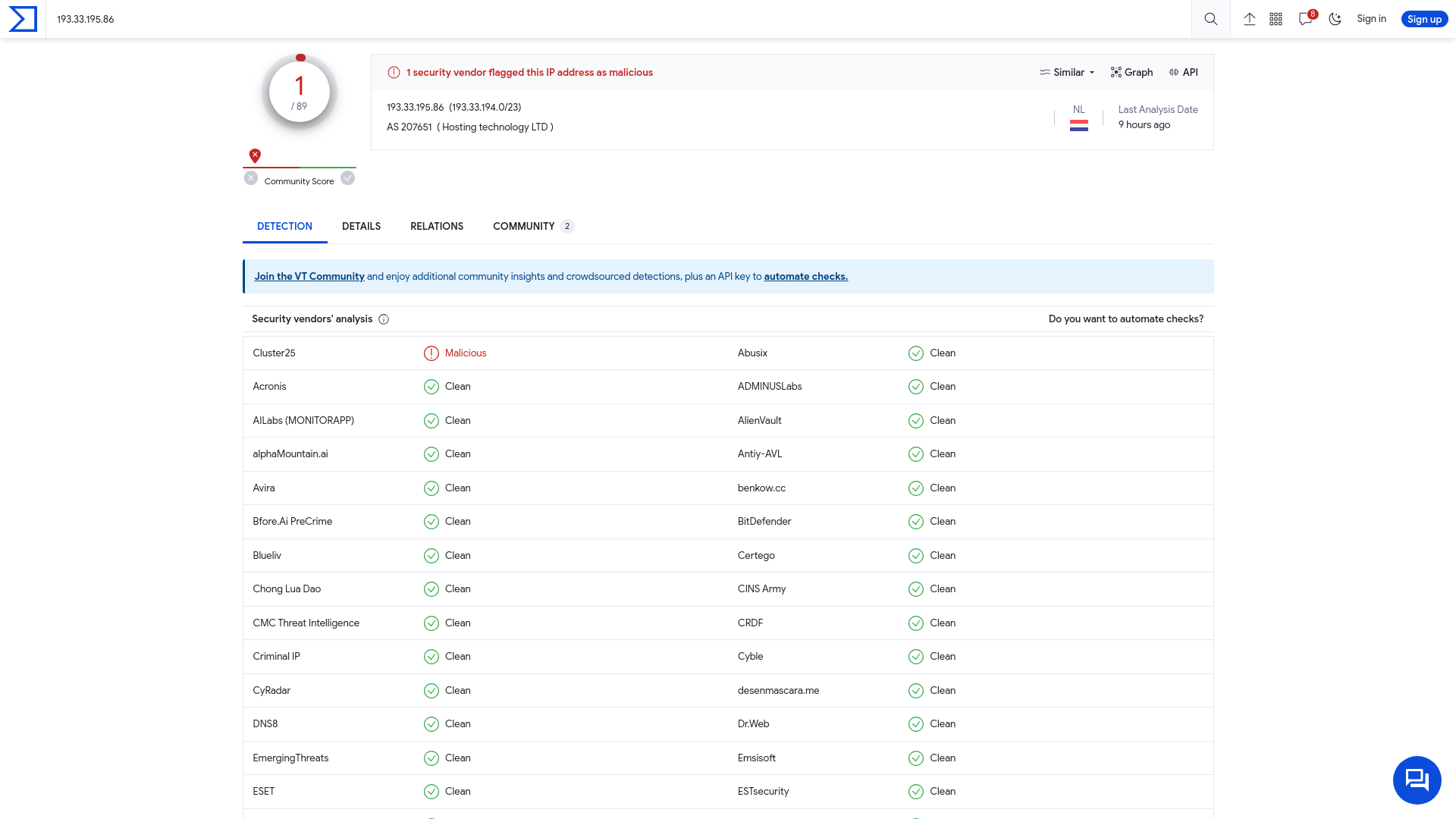 VirusTotal - IP address - 193.33.195.86