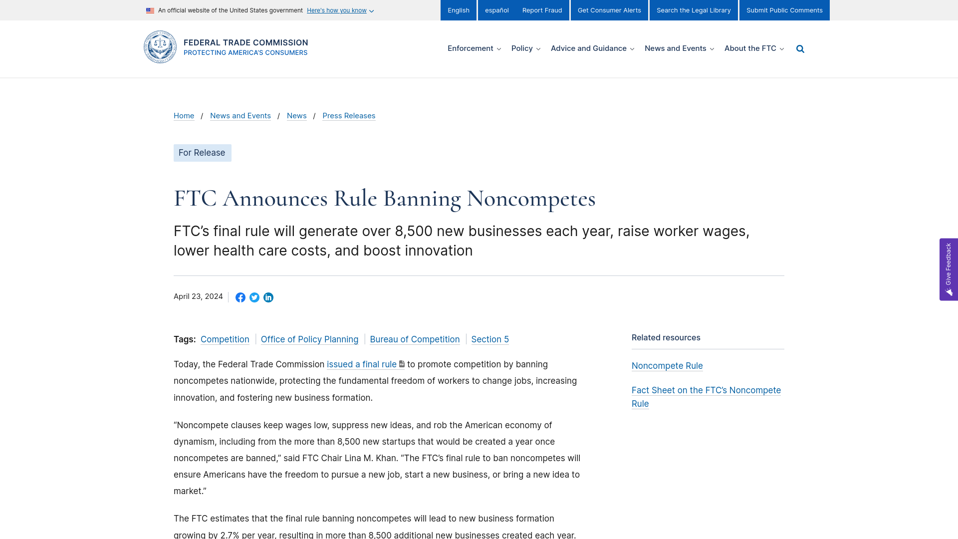 FTC Announces Rule Banning Noncompetes | Federal Trade Commission