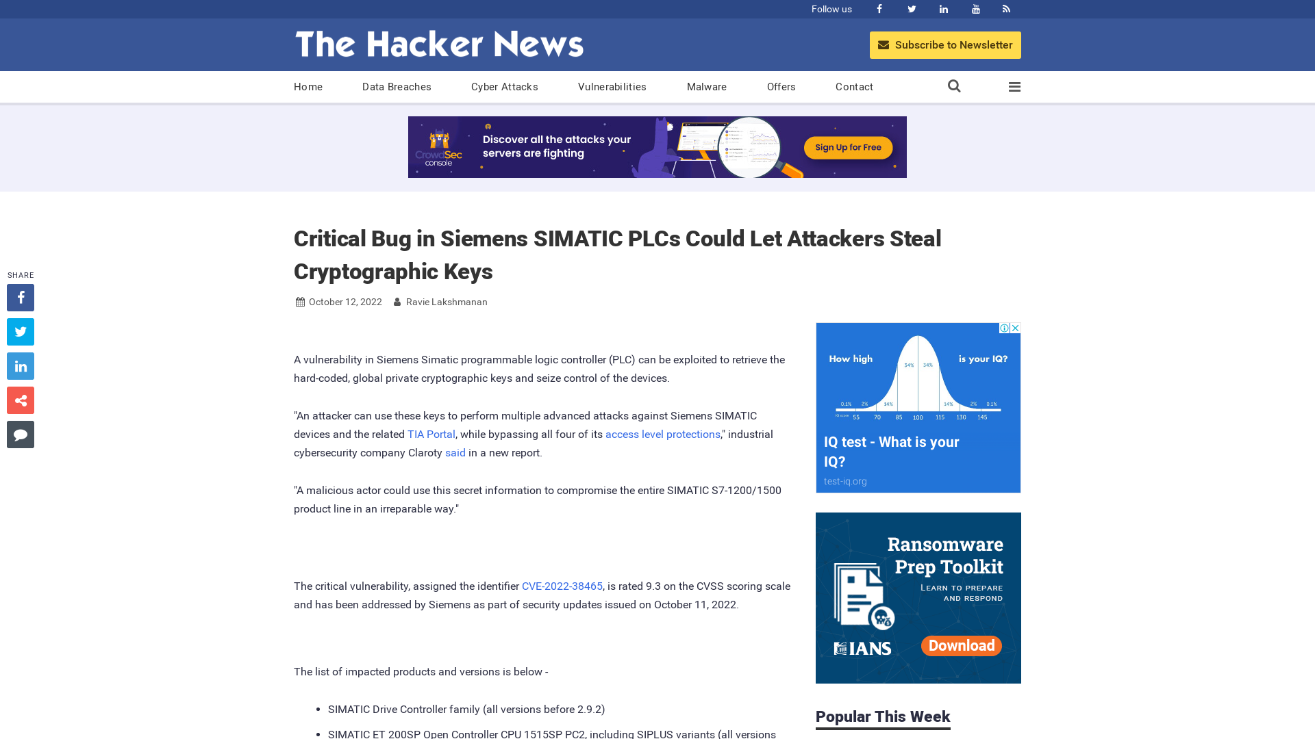 Critical Bug in Siemens SIMATIC PLCs Could Let Attackers Steal Cryptographic Keys