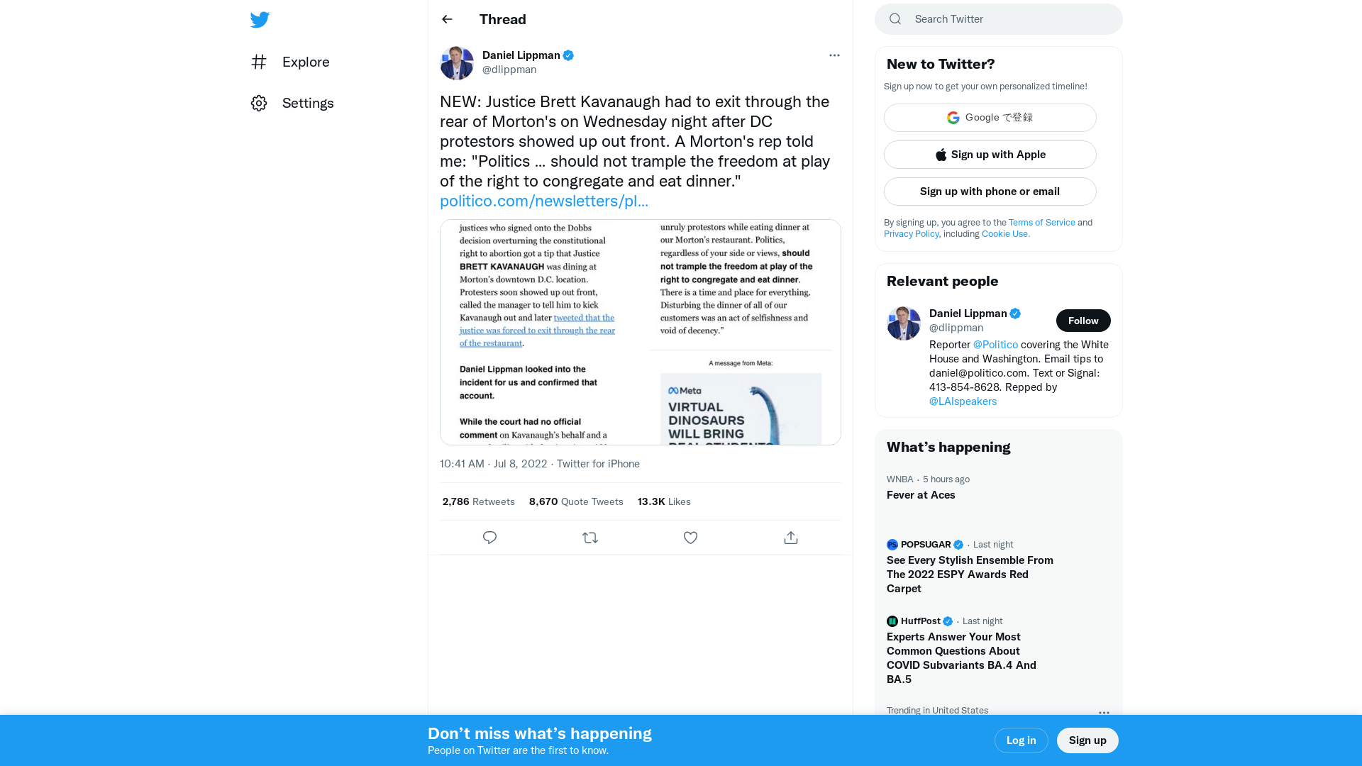 Daniel Lippman on Twitter: "NEW: Justice Brett Kavanaugh had to exit through the rear of Morton's on Wednesday night after DC protestors showed up out front. A Morton's rep told me: "Politics … should not trample the freedom at play of the right to congregate and eat dinner." https://t.co/wlA4J2nxYW https://t.co/jpsfhB3JVo" / Twitter