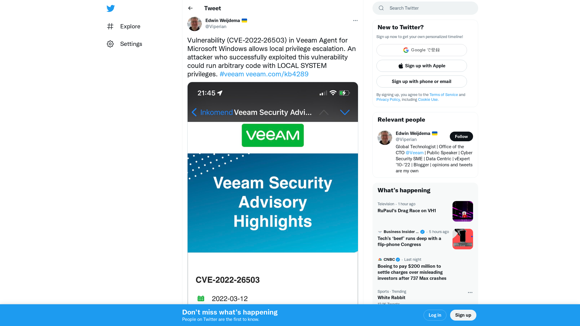Edwin Weijdema 🇺🇦 on Twitter: "Vulnerability (CVE-2022-26503) in Veeam Agent for Microsoft Windows allows local privilege escalation. An attacker who successfully exploited this vulnerability could run arbitrary code with LOCAL SYSTEM privileges. #veeam https://t.co/Sla74zabkJ https://t.co/1yvp1Ag144" / Twitter
