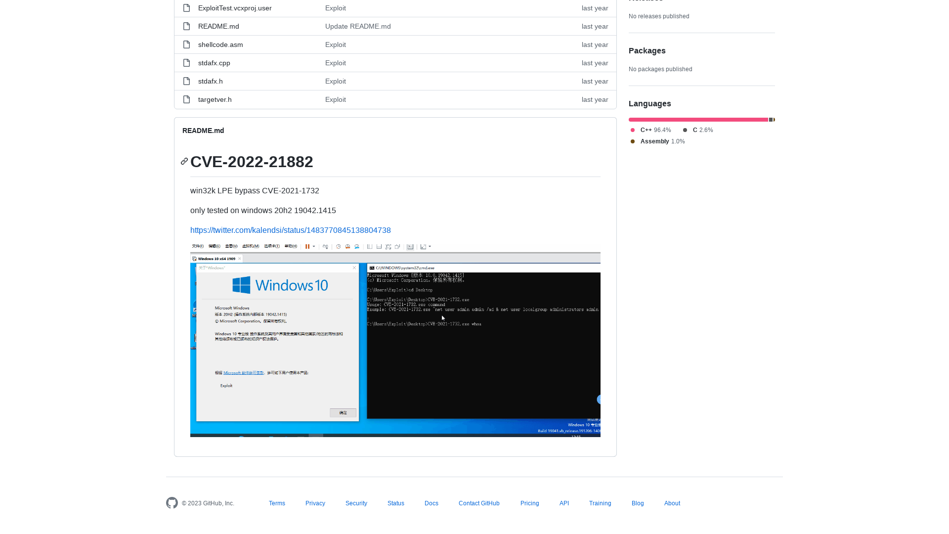 GitHub - KaLendsi/CVE-2022-21882: win32k LPE