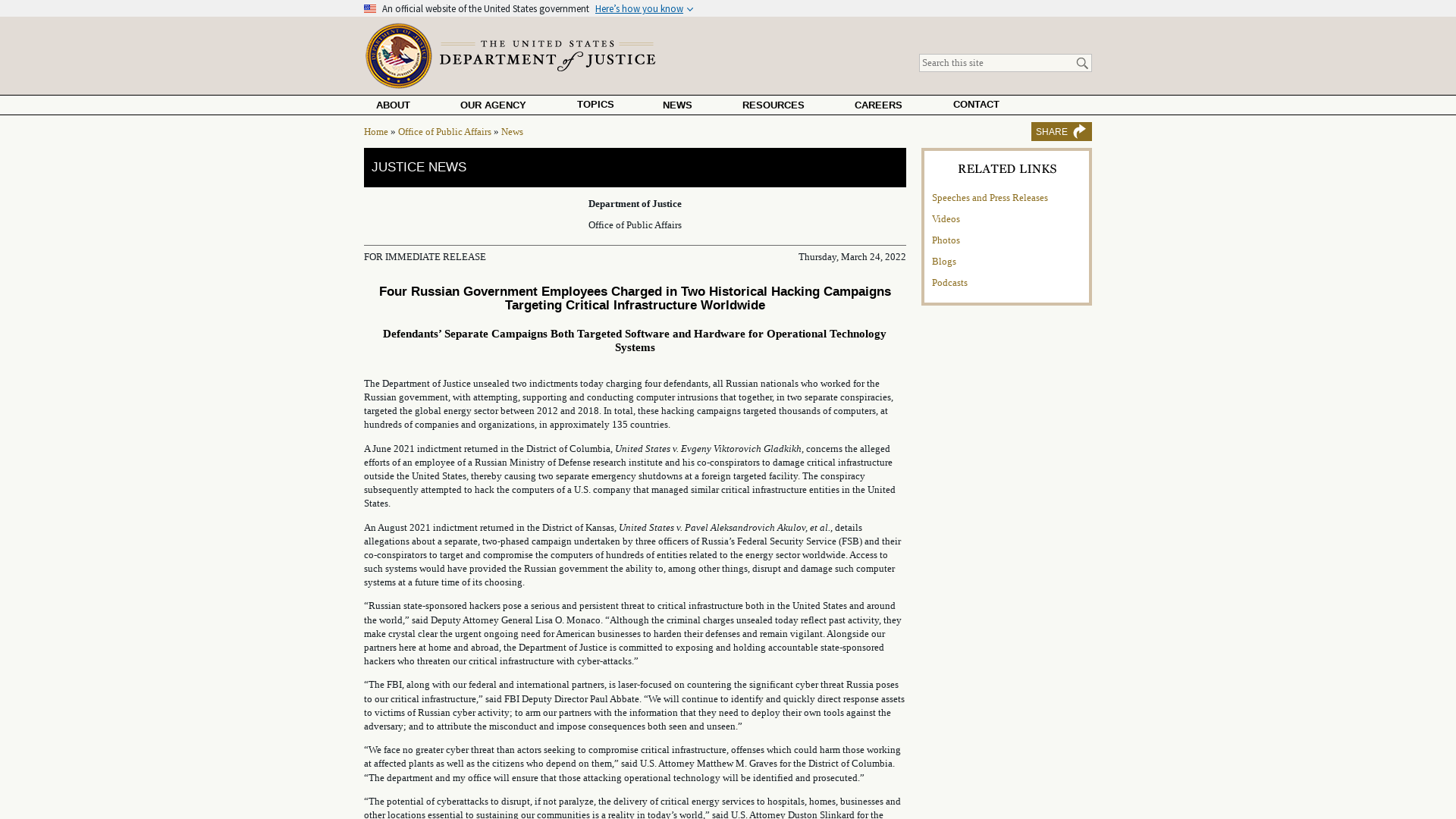 Four Russian Government Employees Charged in Two Historical Hacking Campaigns Targeting Critical Infrastructure Worldwide | OPA | Department of Justice