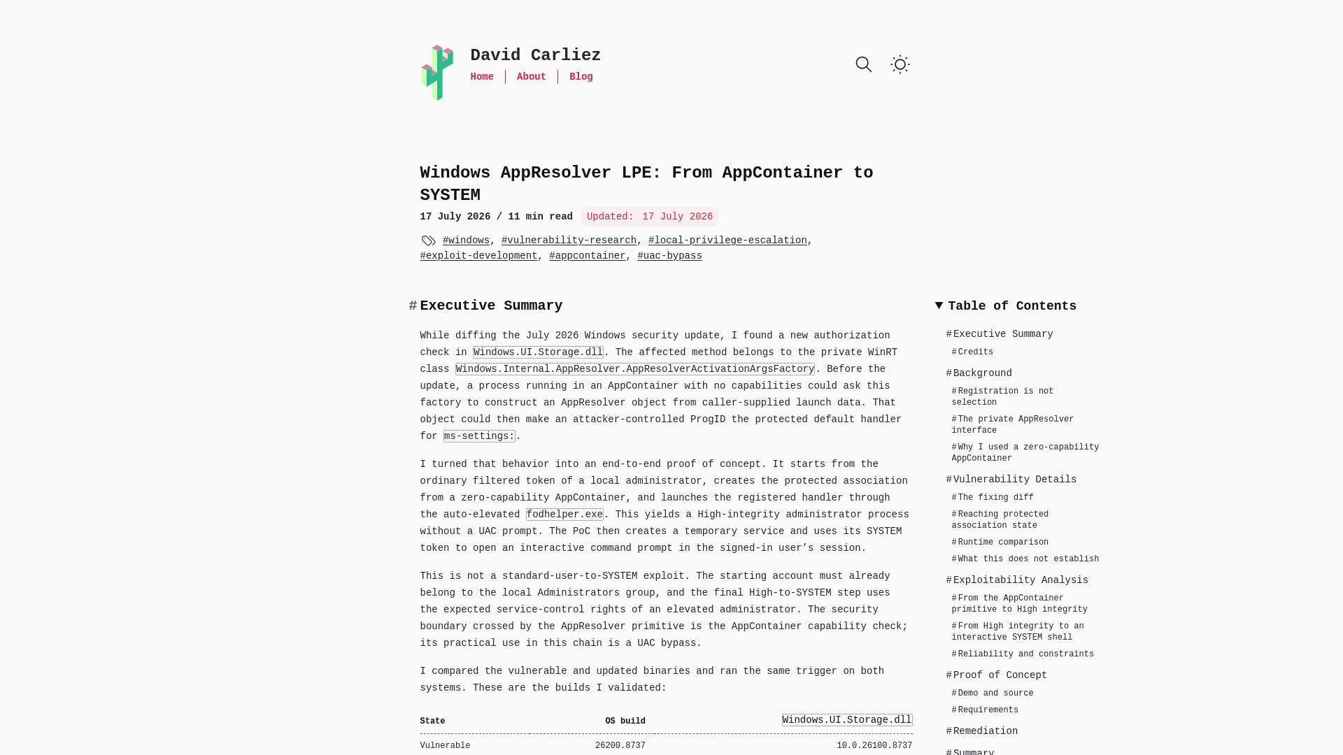 Windows AppResolver LPE: From AppContainer to SYSTEM • David Carliez