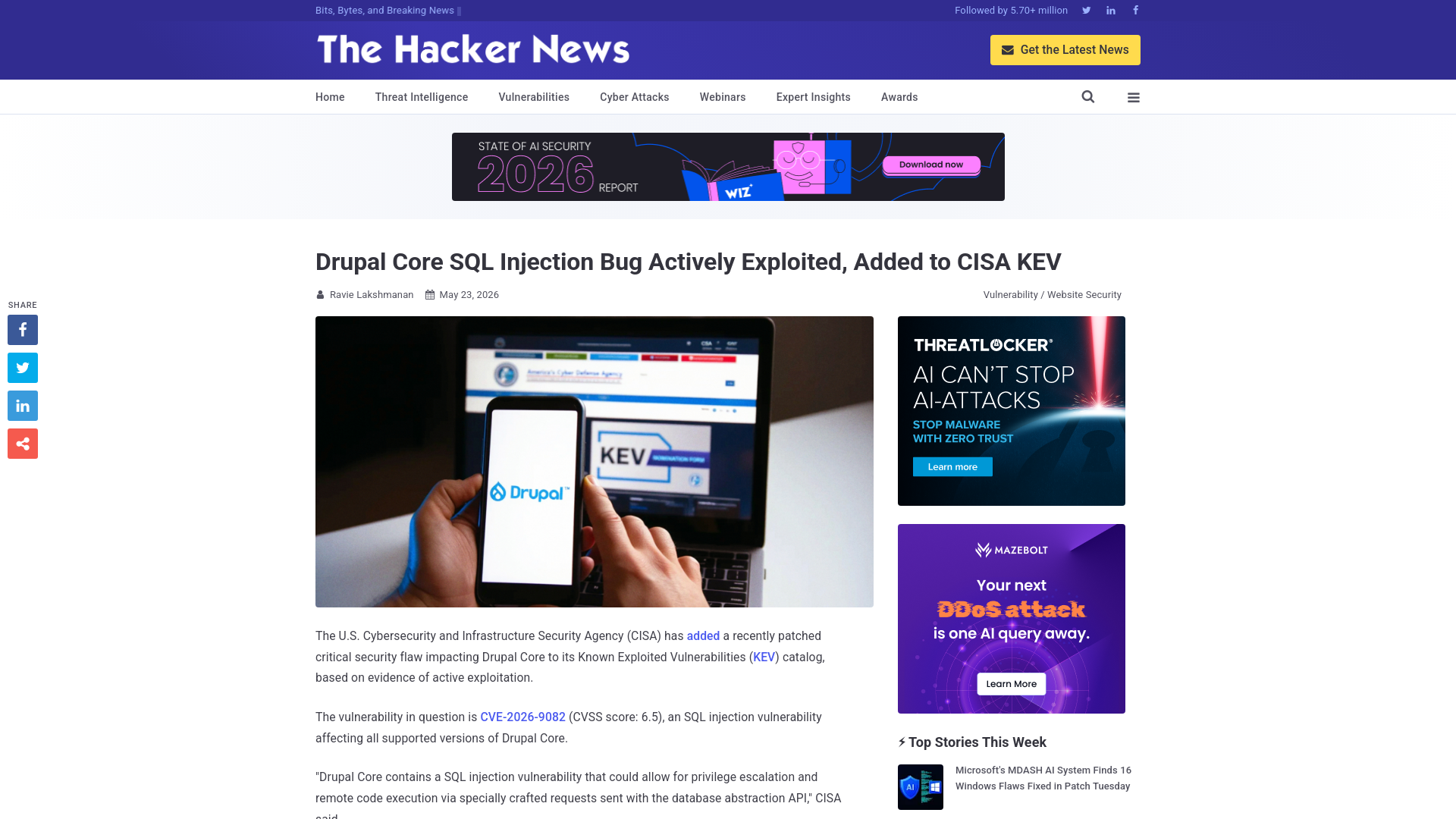 Drupal Core SQL Injection Bug Actively Exploited, Added to CISA KEV