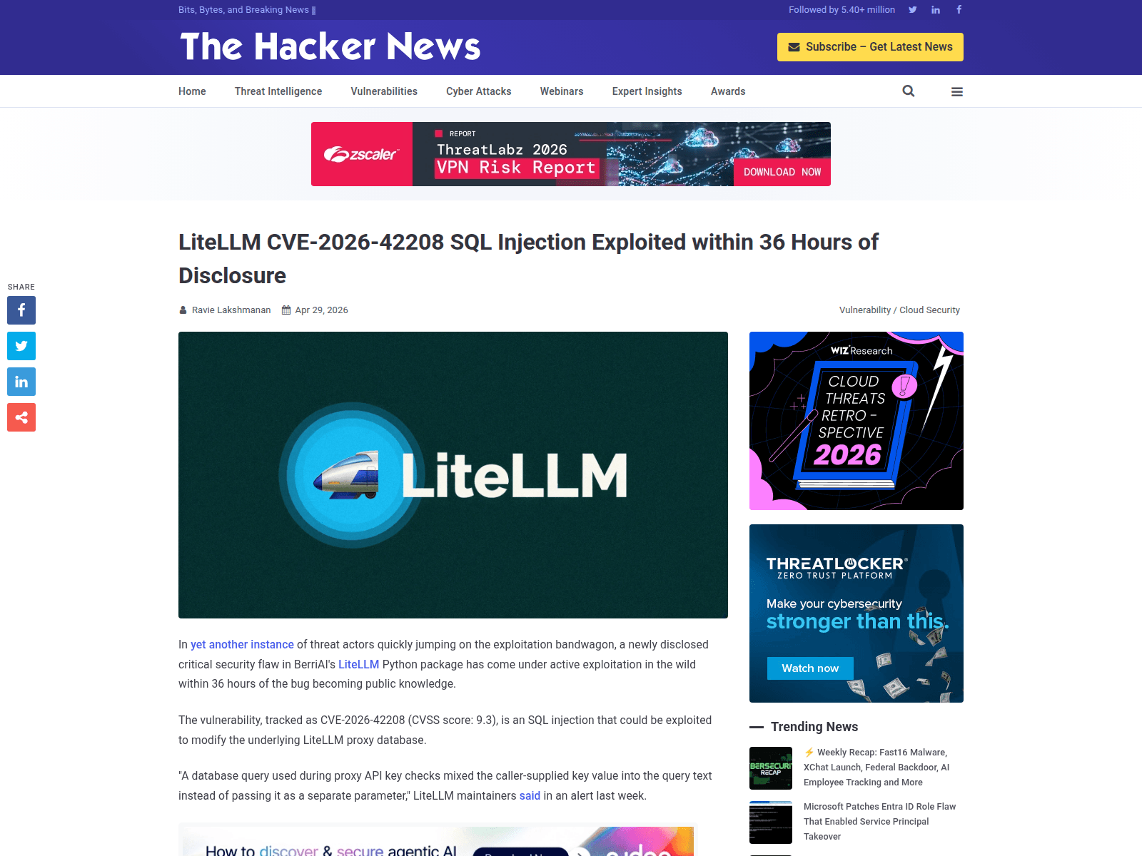 LiteLLM CVE-2026-42208 SQL Injection Exploited within 36 Hours of Disclosure