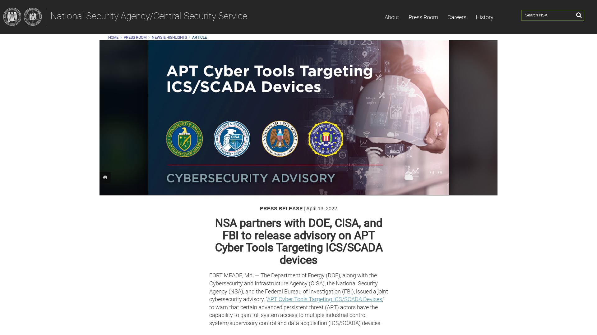 NSA partners with DOE, CISA, and FBI to release advisory on APT Cyber Tools Targeting ICS/SCADA devices > National Security Agency/Central Security Service > Article