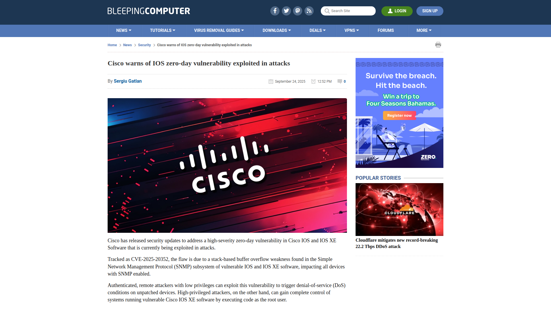 Cisco warns of IOS zero-day vulnerability exploited in attacks