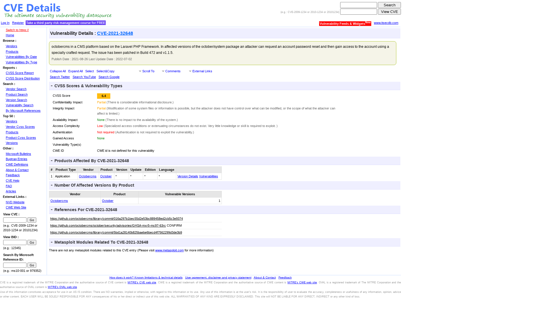 CVE-2021-32648 : octobercms in a CMS platform based on the Laravel PHP Framework. In affected versions of the october/system package an a