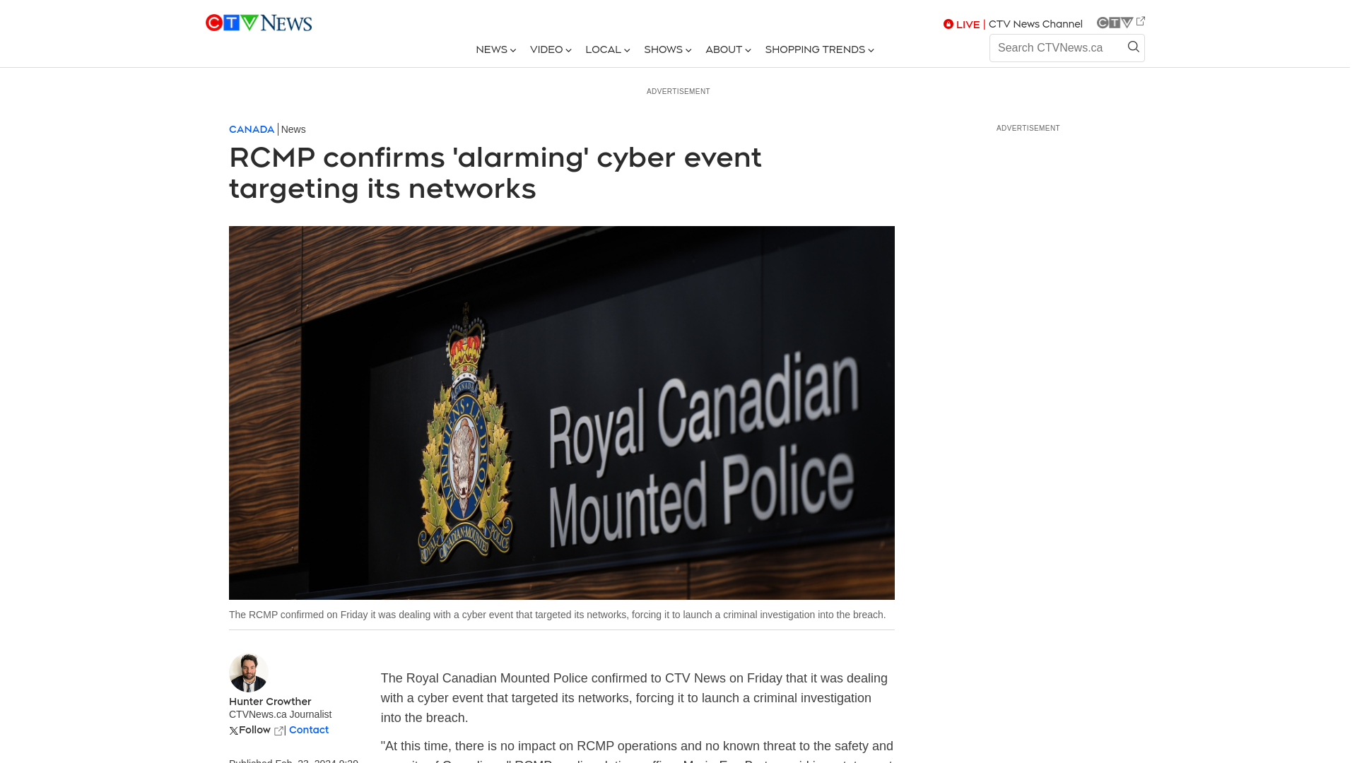 RCMP networks targeted in cyber event | CTV News