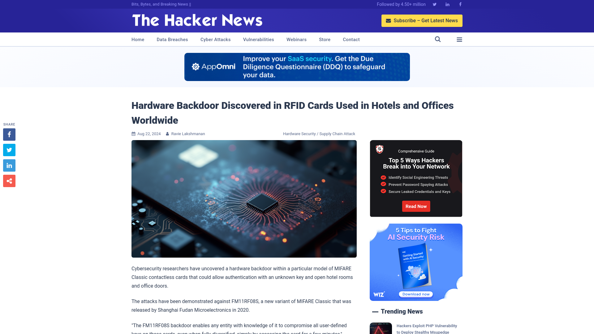 Hardware Backdoor Discovered in RFID Cards Used in Hotels and Offices Worldwide