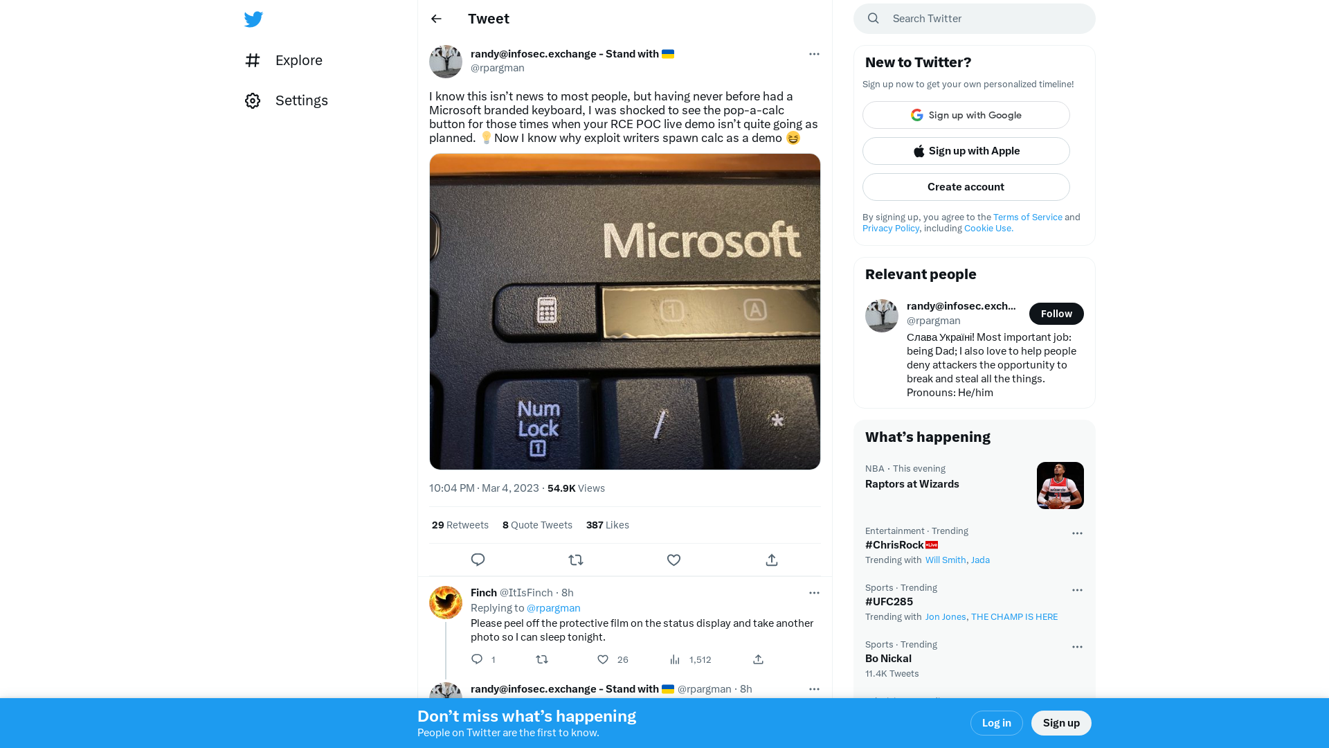 randy@infosec.exchange - Stand with 🇺🇦 on Twitter: "I know this isn’t news to most people, but having never before had a Microsoft branded keyboard, I was shocked to see the pop-a-calc button for those times when your RCE POC live demo isn’t quite going as planned. 💡Now I know why exploit writers spawn calc as a demo 😆 https://t.co/f77DlVm63N" / Twitter