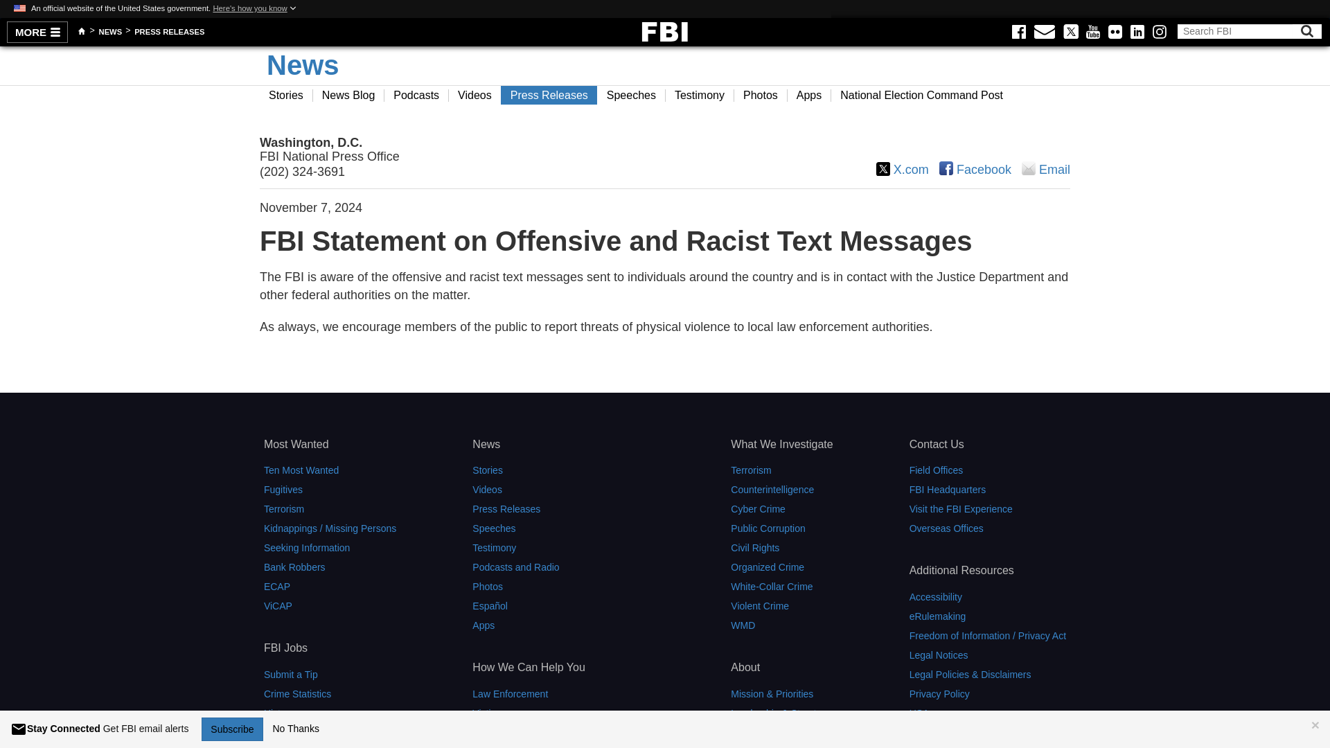 FBI Statement on Offensive and Racist Text Messages — FBI