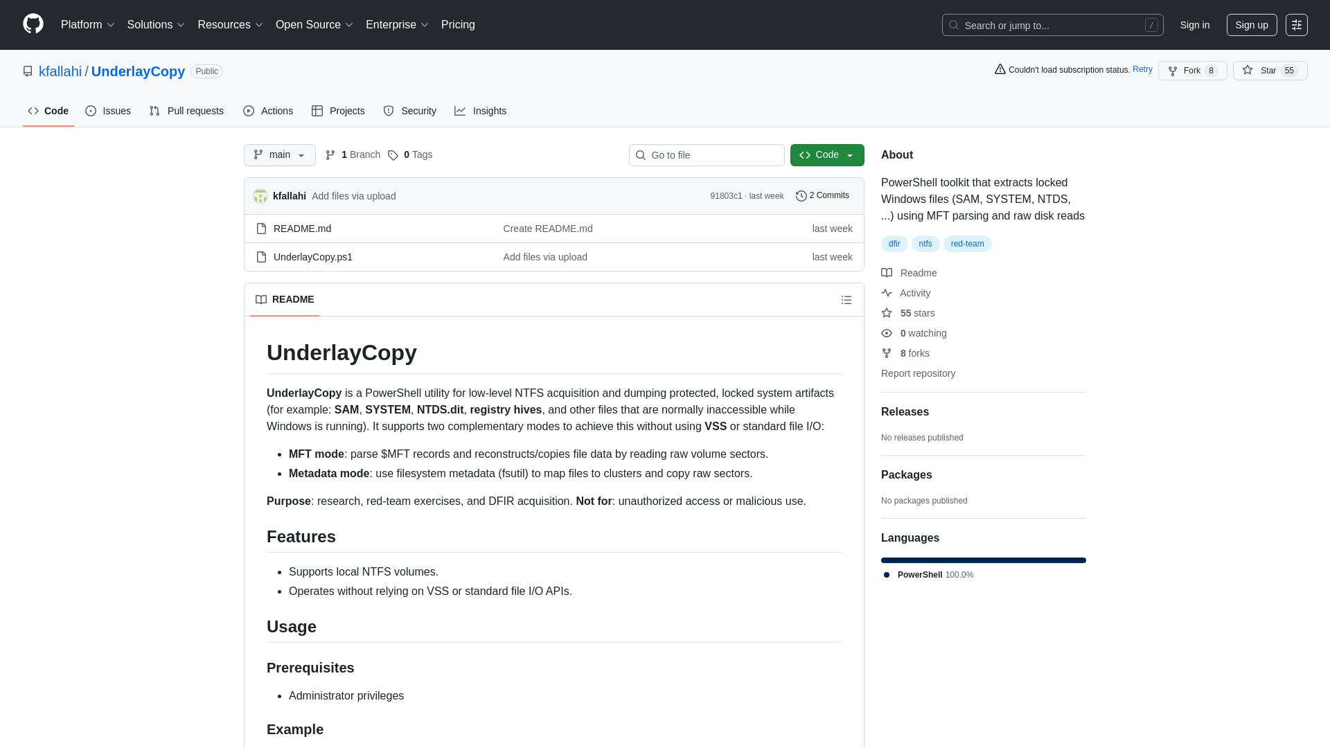 GitHub - kfallahi/UnderlayCopy: PowerShell toolkit that extracts locked Windows files (SAM, SYSTEM, NTDS, ...) using MFT parsing and raw disk reads