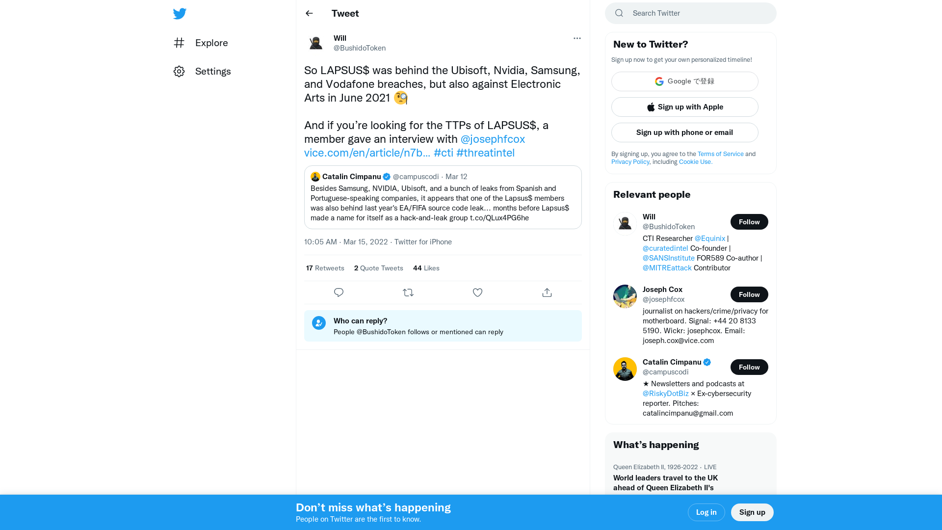 Will on Twitter: "So LAPSUS$ was behind the Ubisoft, Nvidia, Samsung, and Vodafone breaches, but also against Electronic Arts in June 2021 🧐 And if you’re looking for the TTPs of LAPSUS$, a member gave an interview with @josephfcox https://t.co/DqAg8YIpkj #cti #threatintel" / Twitter