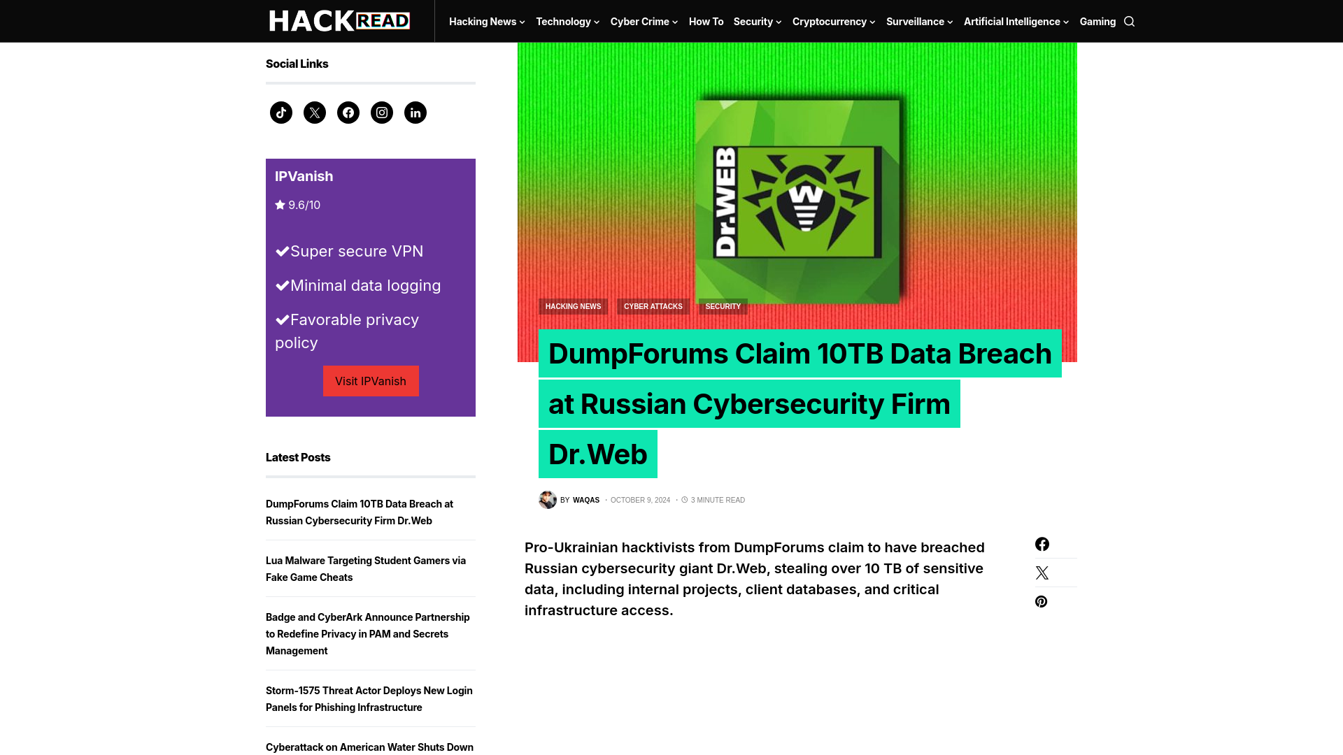 DumpForums Claim 10TB Data Breach at Russian Cybersecurity Firm Dr.Web