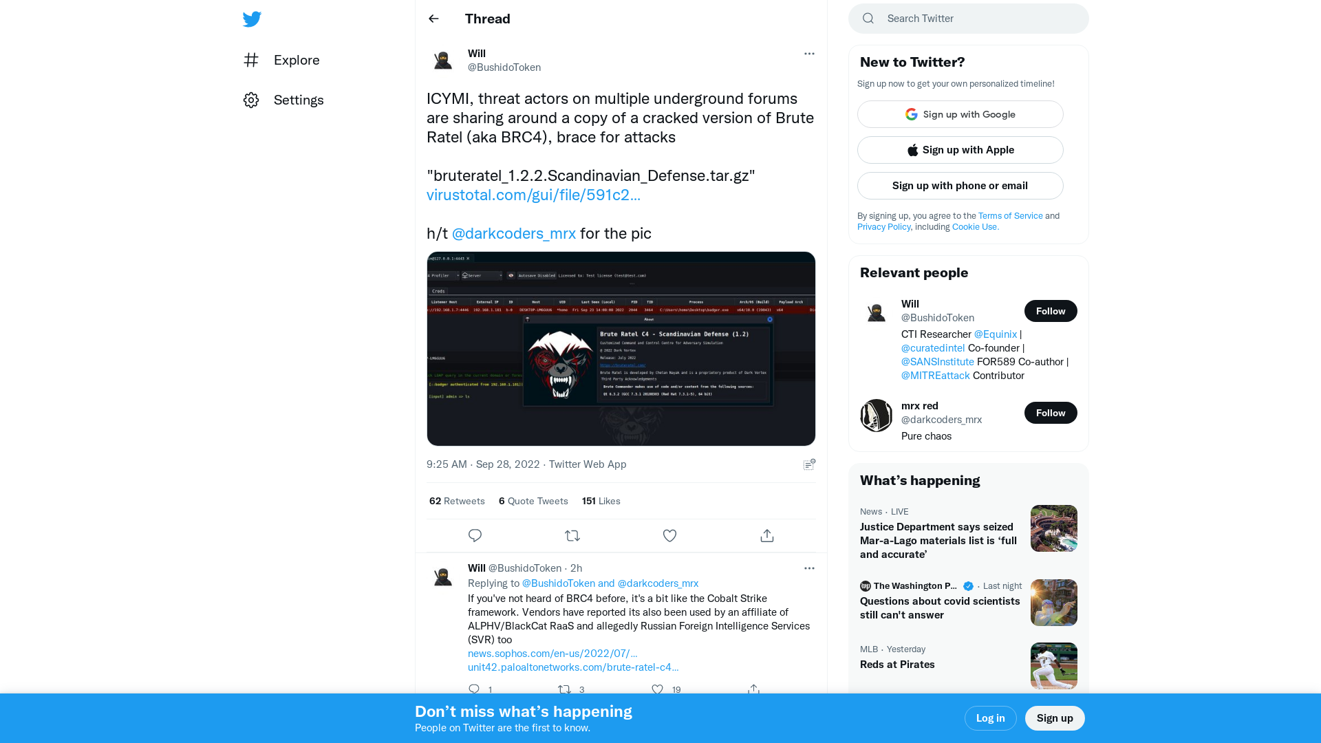 Will on Twitter: "ICYMI, threat actors on multiple underground forums are sharing around a copy of a cracked version of Brute Ratel (aka BRC4), brace for attacks "bruteratel_1.2.2.Scandinavian_Defense.tar.gz" https://t.co/jfWXV8sJbR h/t @darkcoders_mrx for the pic https://t.co/OhfRMZBzVl" / Twitter