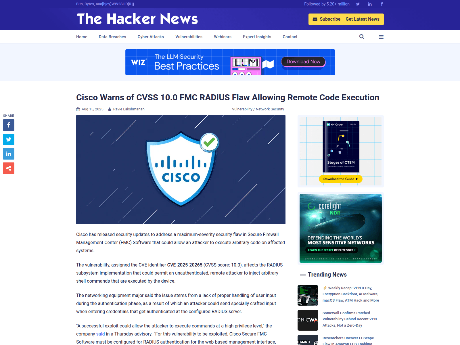 Cisco Warns of CVSS 10.0 FMC RADIUS Flaw Allowing Remote Code Execution