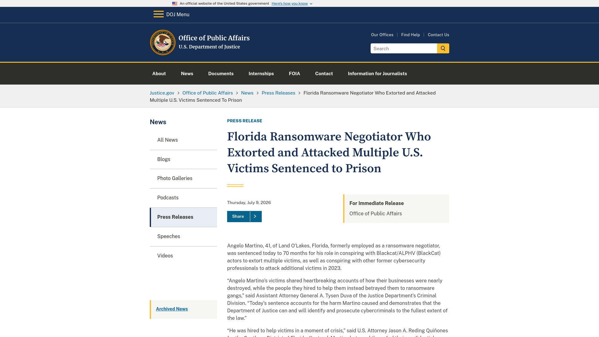 Office of Public Affairs | Florida Ransomware Negotiator Who Extorted and Attacked Multiple U.S. Victims Sentenced to Prison | United States Department of Justice